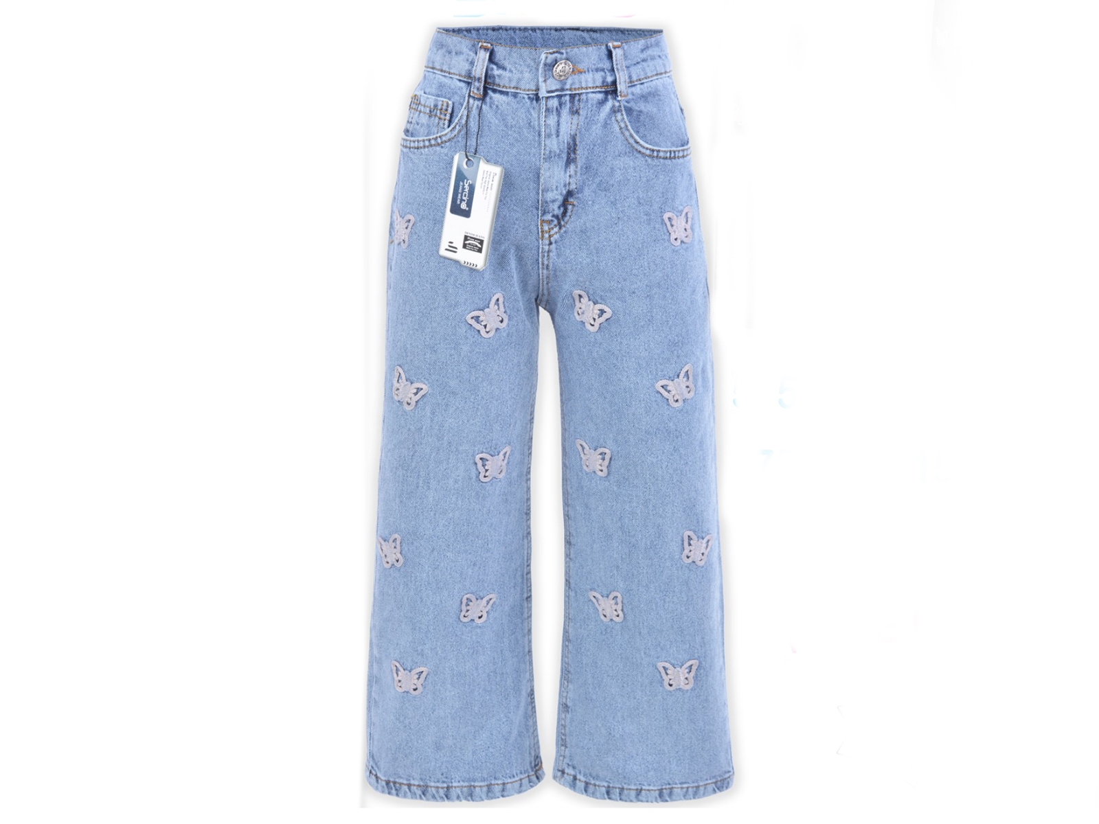 Kelebek Nakışlı Geniş Paça Kız Kot Pantolon
