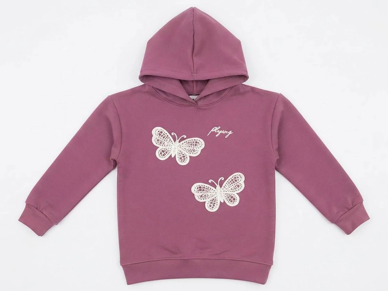 Toptan CMK Kelebek Nakışlı Kapşonlu 3 İp Şardonlu Kız Sweat  Toptan Bebek Çocuk Giyim - Beniz Kids