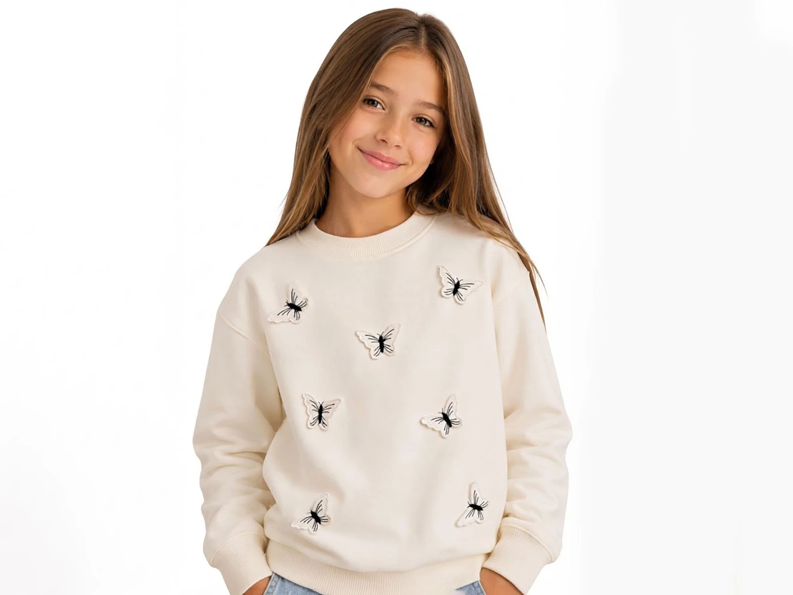 Toptan İ-CAN Kelebek Nakışlı Kız Sweat  Toptan Bebek Çocuk Giyim - Beniz Kids