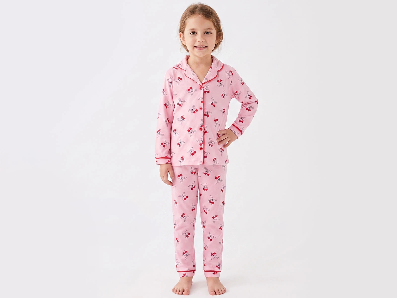 Toptan DOLAŞ Kiraz Baskılı Kız Pijama Takım Toptan Bebek Çocuk Giyim - Beniz Kids