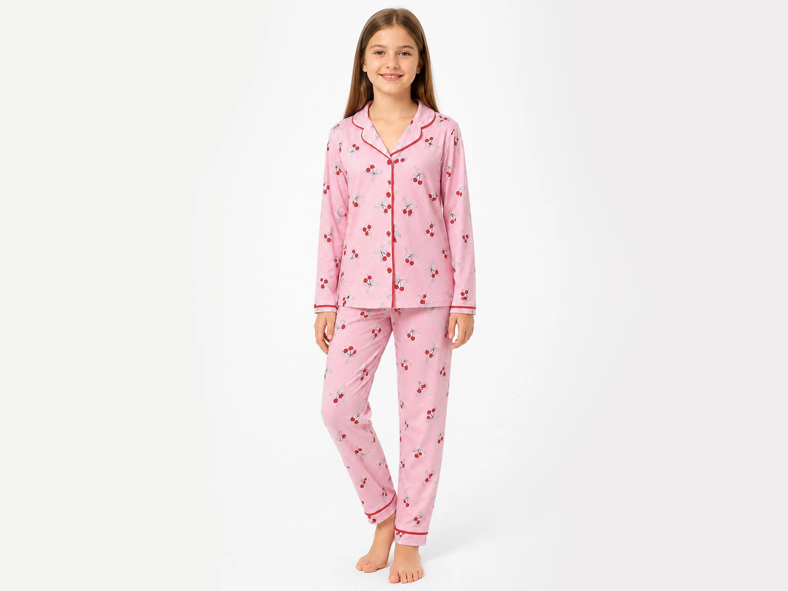 Toptan DOLAŞ Kiraz Baskılı Kız Pijama Takım Toptan Bebek Çocuk Giyim - Beniz Kids