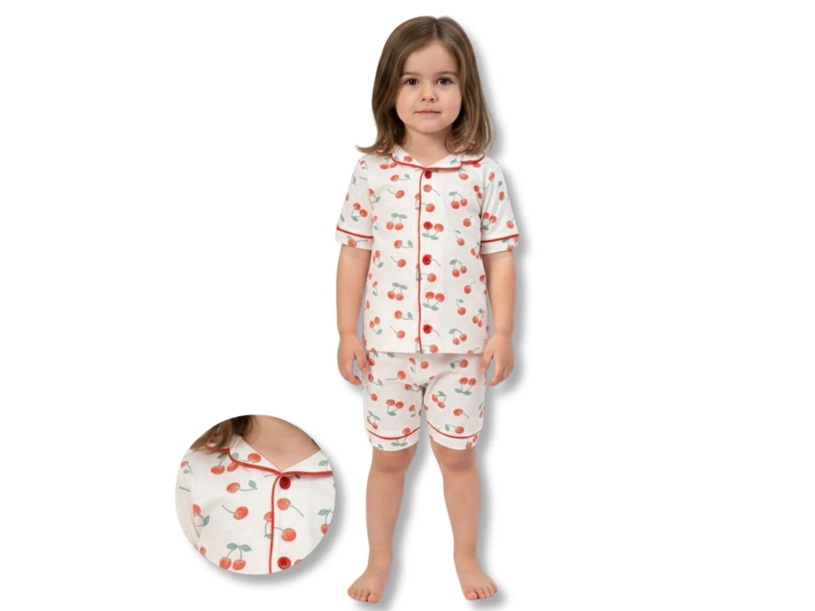 Kıraz Desenli Yakalı Düğmeli Kız Bebe Pijama Takım