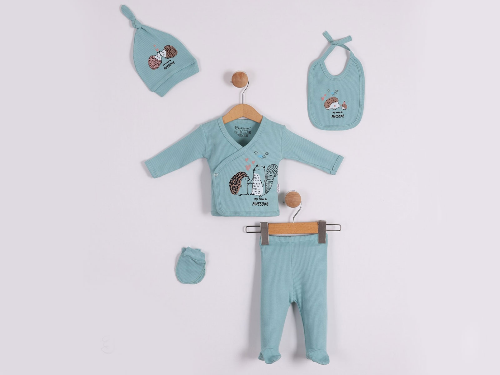 Kirpi Baskılı 5li Unisex Hastane Çıkışı Zıbın Set