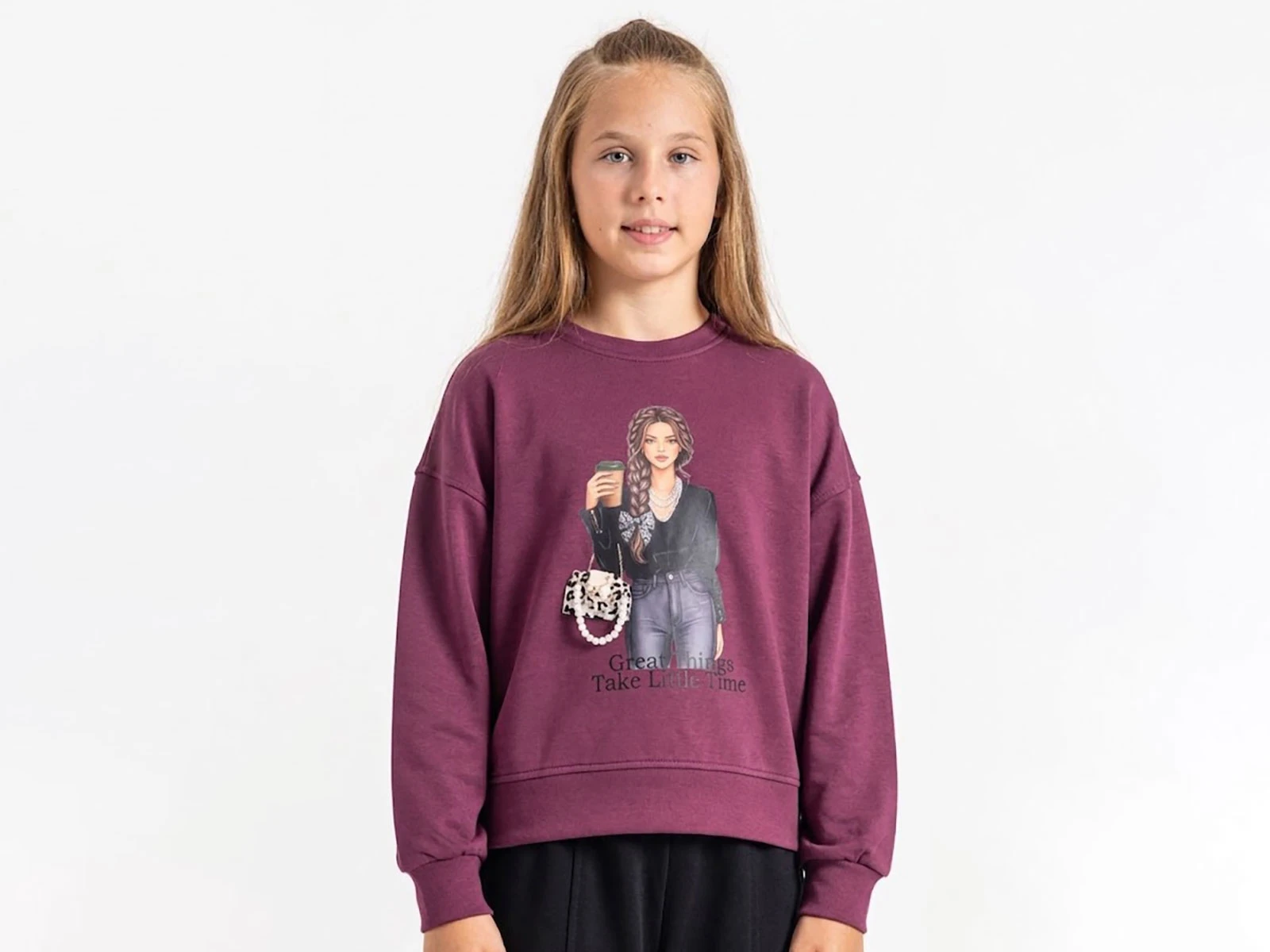 Toptan ÖZ BEBE Kız Baskılı Taş Detaylı Kız Sweat  Toptan Bebek Çocuk Giyim - Beniz Kids