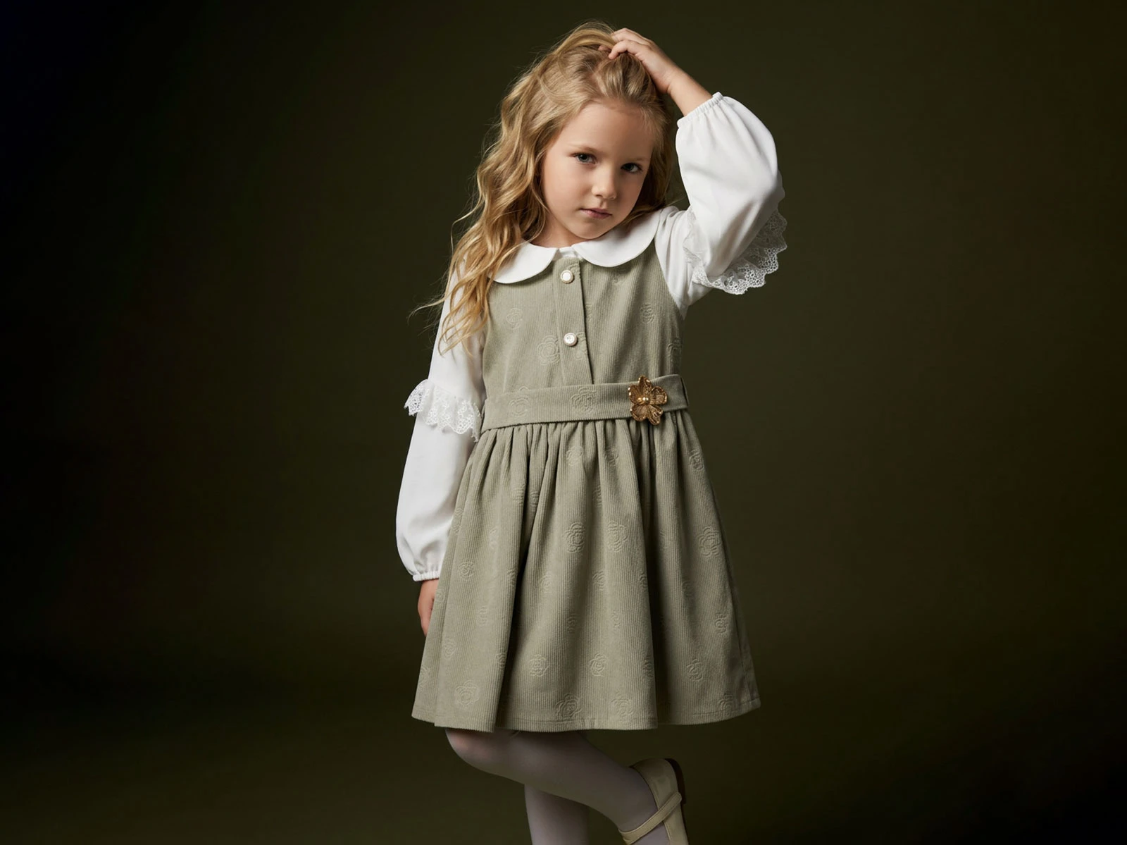 Toptan LADY GOLD Kolları Dantelli Kız Çocuk Elbise Toptan Bebek Çocuk Giyim - Beniz Kids