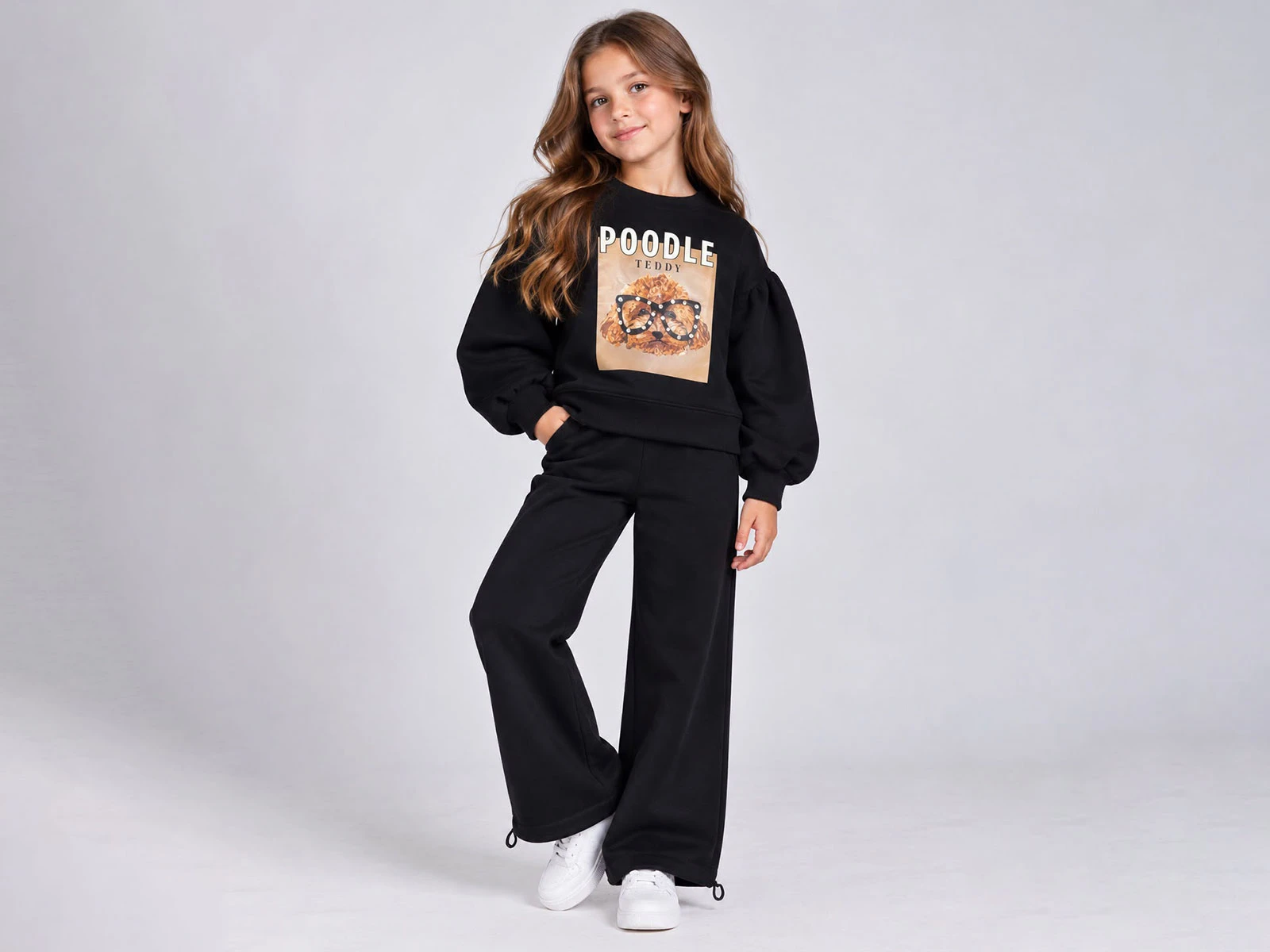 Toptan ÖZ BEBE Köpek Baskılı Şardonlu 3 İp Kız Takım Toptan Bebek Çocuk Giyim - Beniz Kids