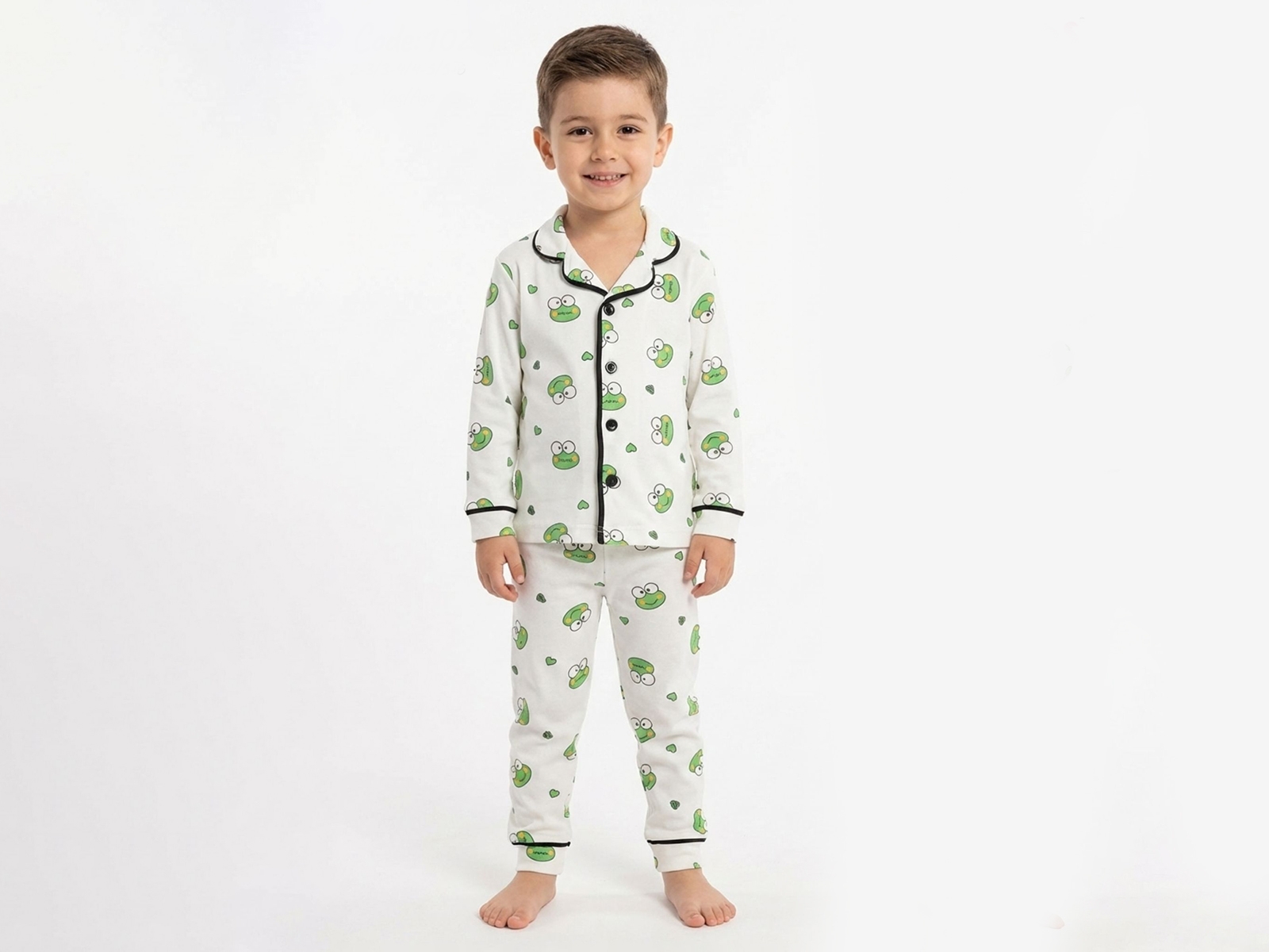 Kurbağa Desenli Yakalı Erkek Pijama Takım