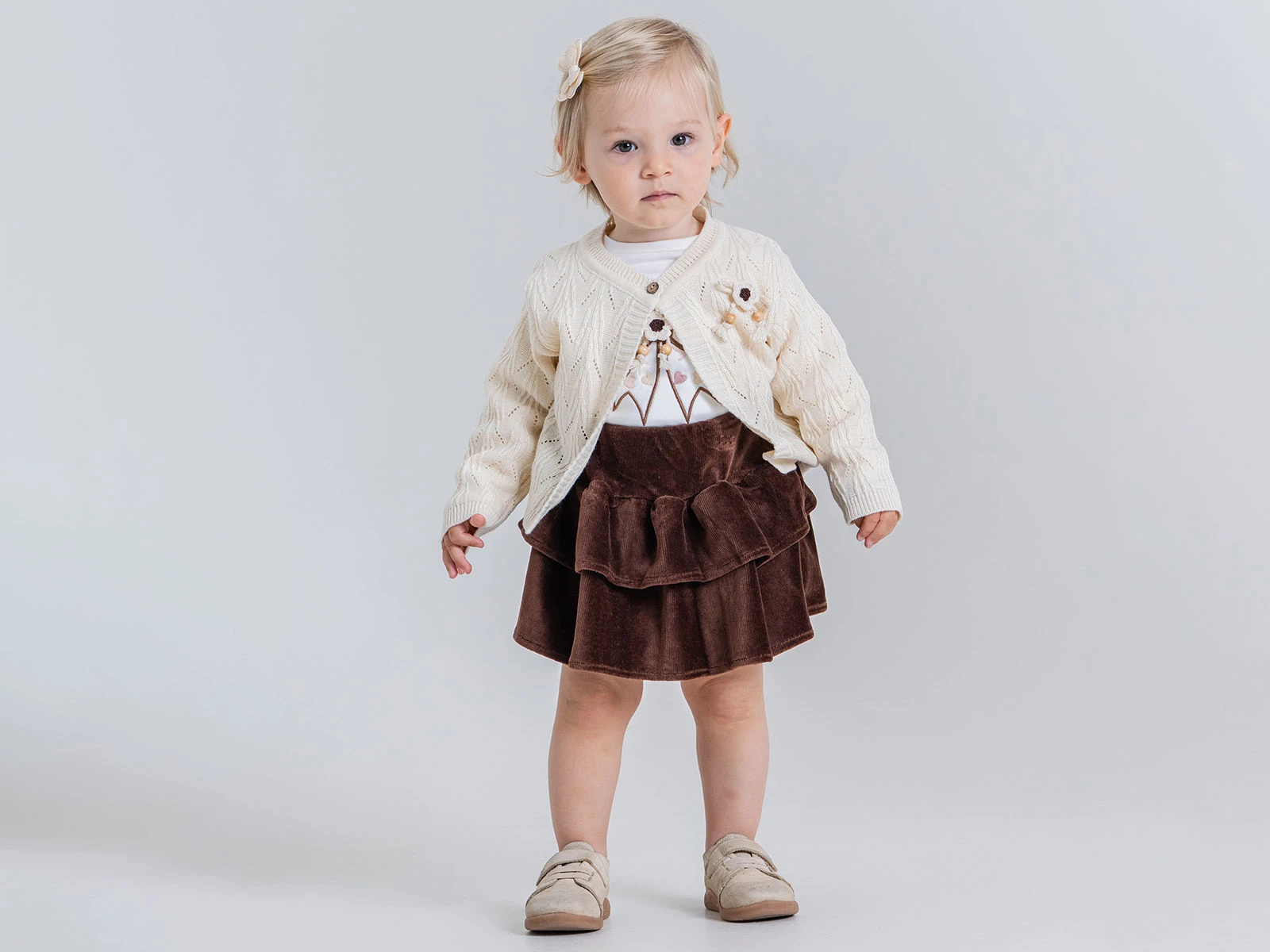 Toptan PAMPAL KİDS Kurdele Detaylı Triko Ceketli Kız Bebe Üçlü Takım Toptan Bebek Çocuk Giyim - Beniz Kids