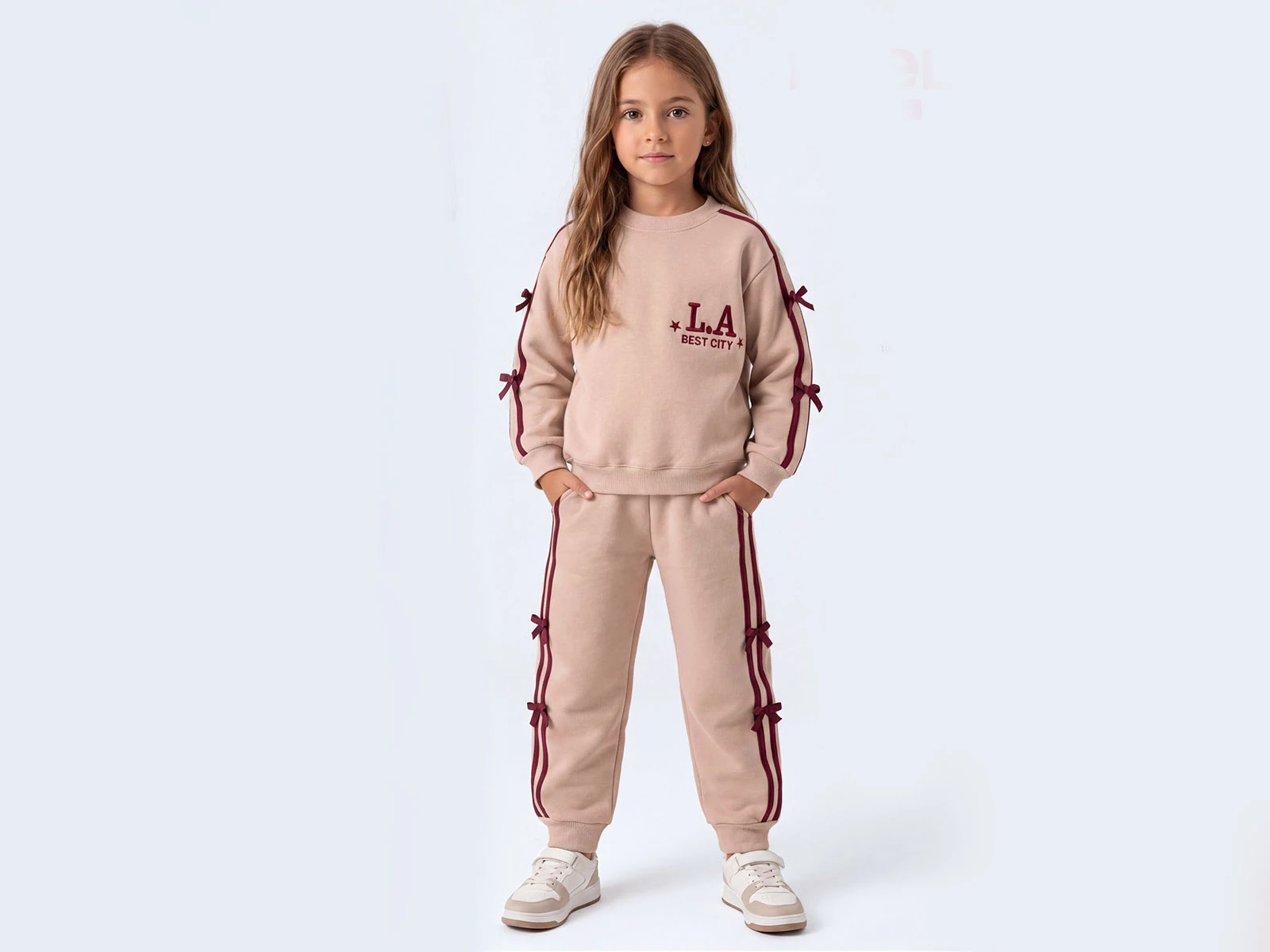 Toptan FEELY KİDS LA Baskılı Şardonlu 3 İp Kız Takım Toptan Bebek Çocuk Giyim - Beniz Kids
