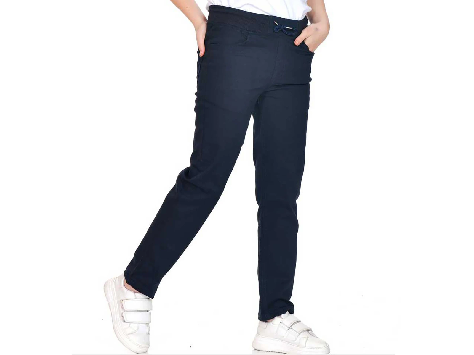 Lacivert Renk Düz Paça Unisex Keten Okul Pantolon 