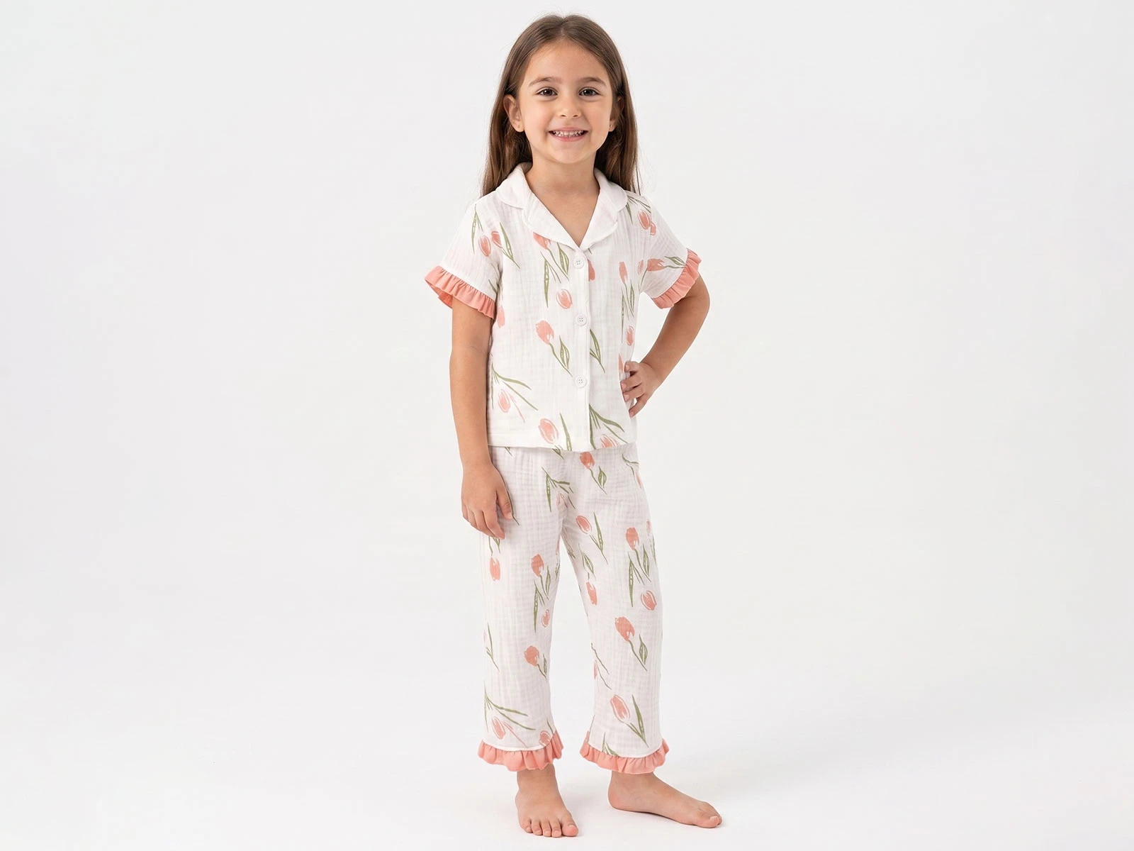 Lale Desenli Yakalı Düğmeli Müslin Kız Pijama Takım