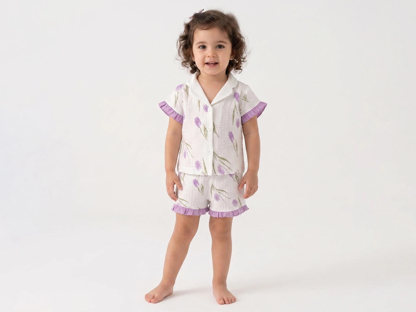 Lale Desenli Yakalı Düğmeli Müslin Kız Pijama Takım