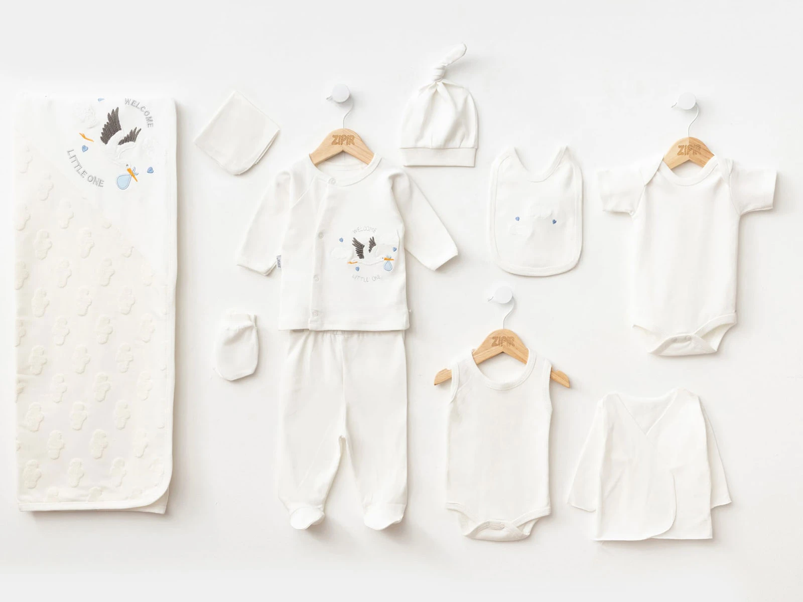 Toptan ZIPIR Leylek Nakışlı Kız Bebe 10lu Hastane Çıkış Set Toptan Bebek Çocuk Giyim - Beniz Kids