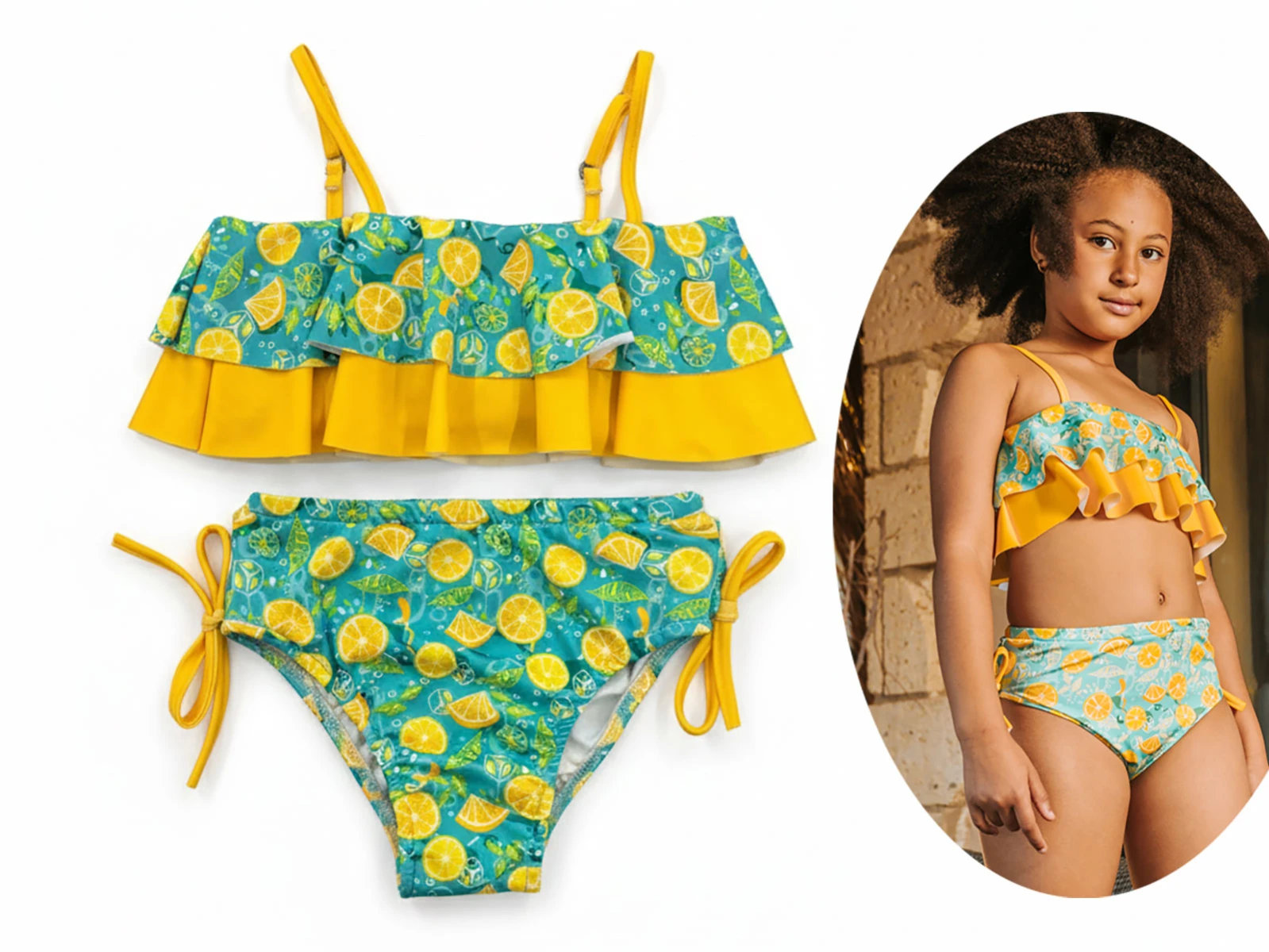 Limon Desenli Kız Mayo Bikini Takım