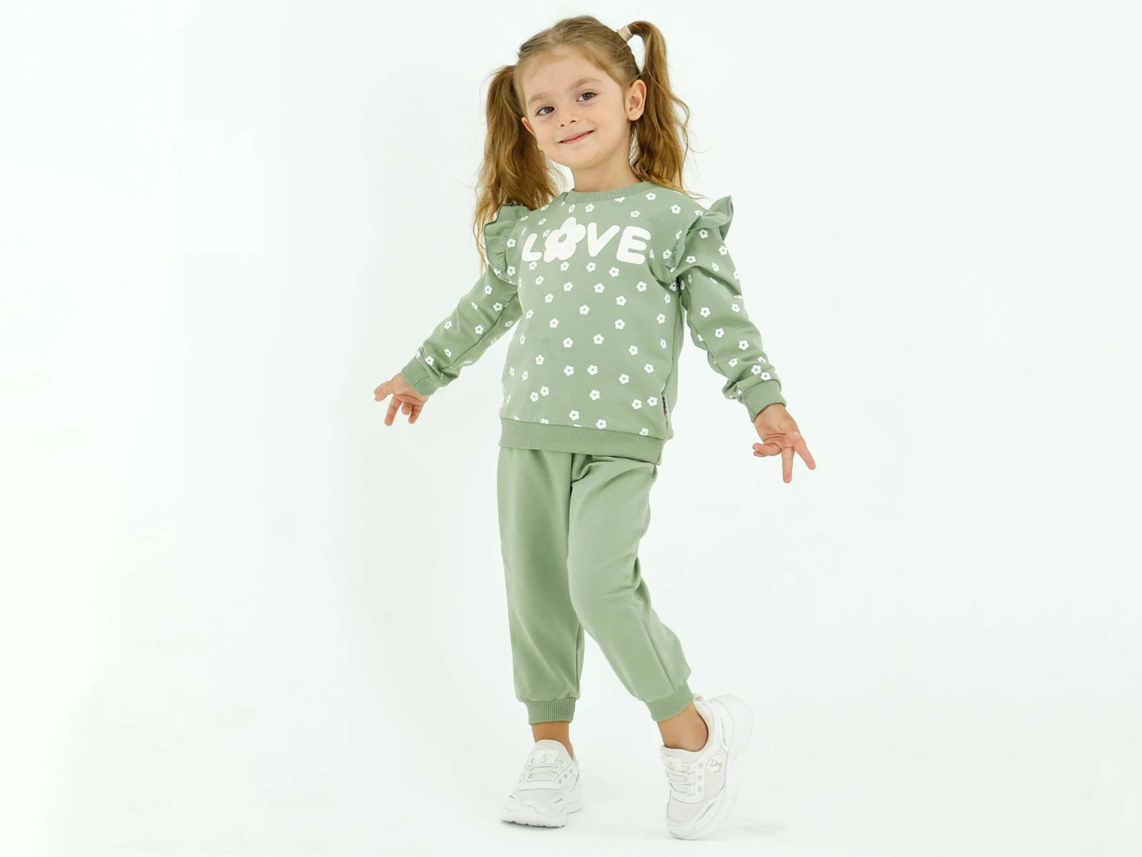 Toptan BICIR KİDS Love Baskılı Çiçek Desenli Fırfırlı Kız Takım  Toptan Bebek Çocuk Giyim - Beniz Kids