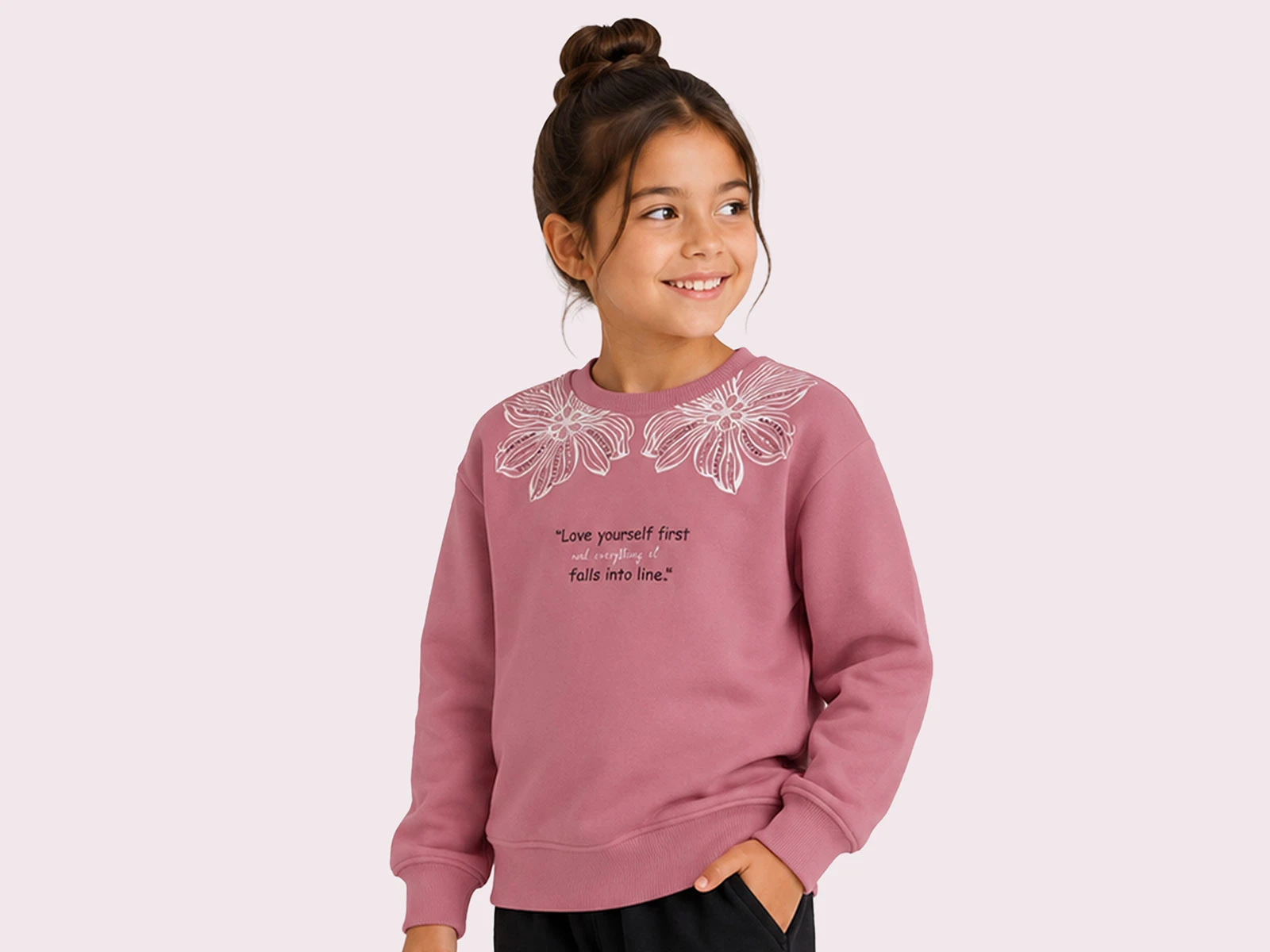 Toptan ROYA KİDS Love Baskılı Çiçek Detaylı 3 İp Şardonlu Kız Sweat  Toptan Bebek Çocuk Giyim - Beniz Kids