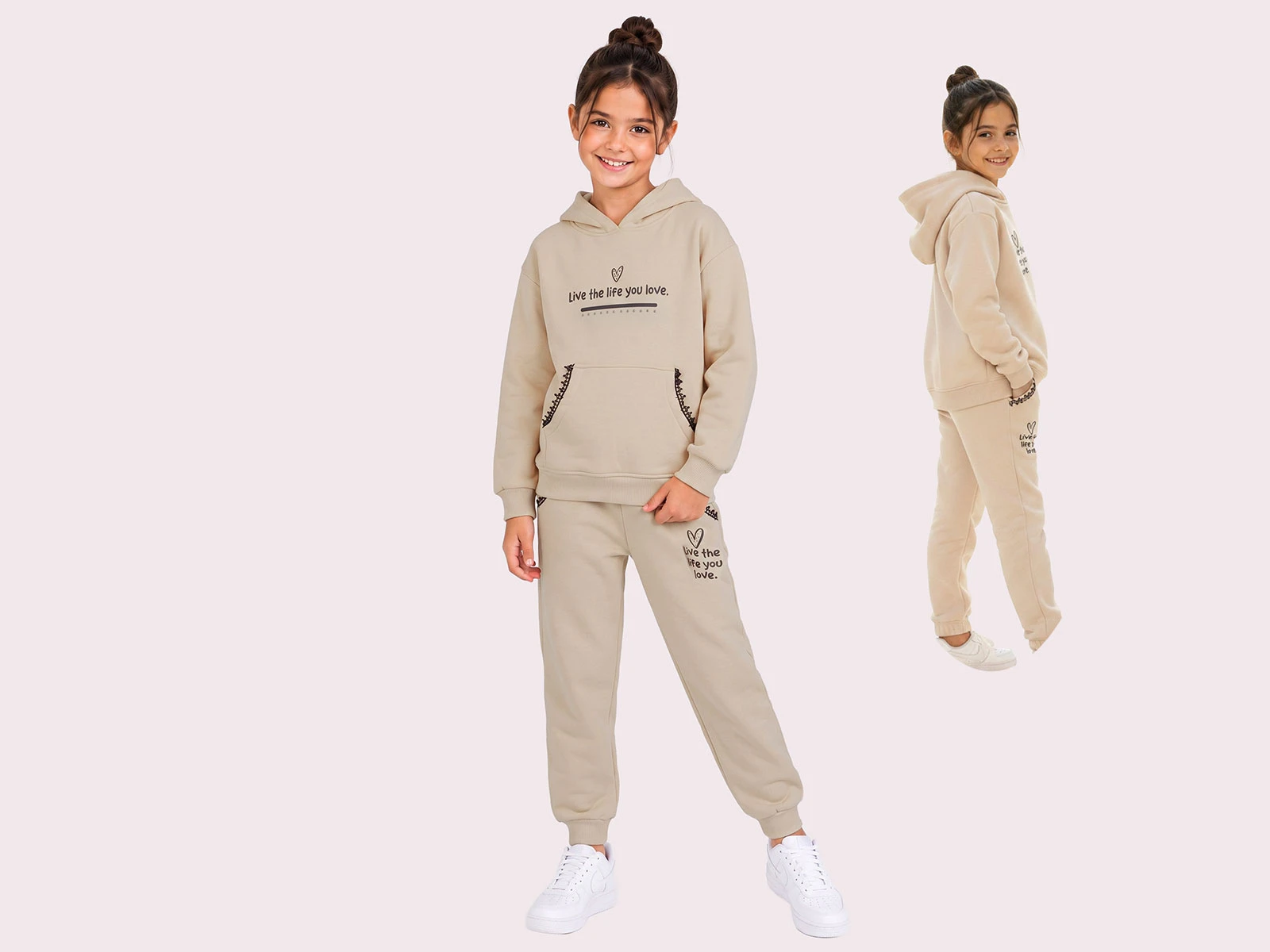 Toptan ROYA KİDS Love Baskılı Kanguru Cepli Kapşonlu 3 İp Şardonlu Kız Takım  Toptan Bebek Çocuk Giyim - Beniz Kids