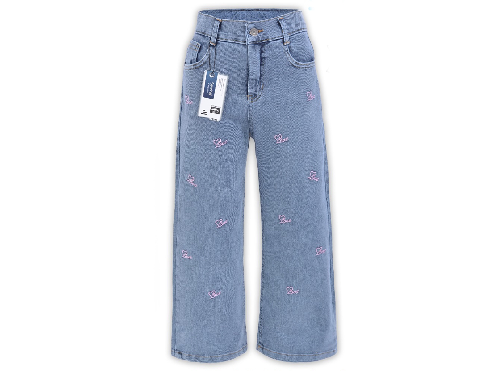 Love Nakışlı Geniş Paça Kız Kot Pantolon