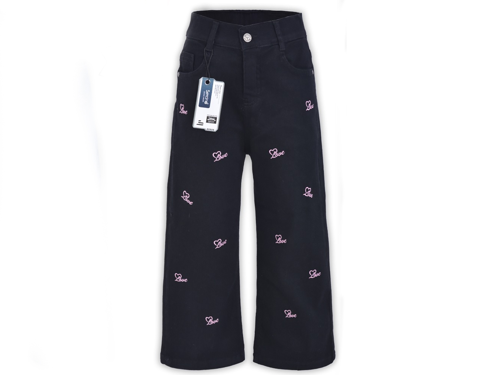 Love Nakışlı Geniş Paça Kız Kot Pantolon