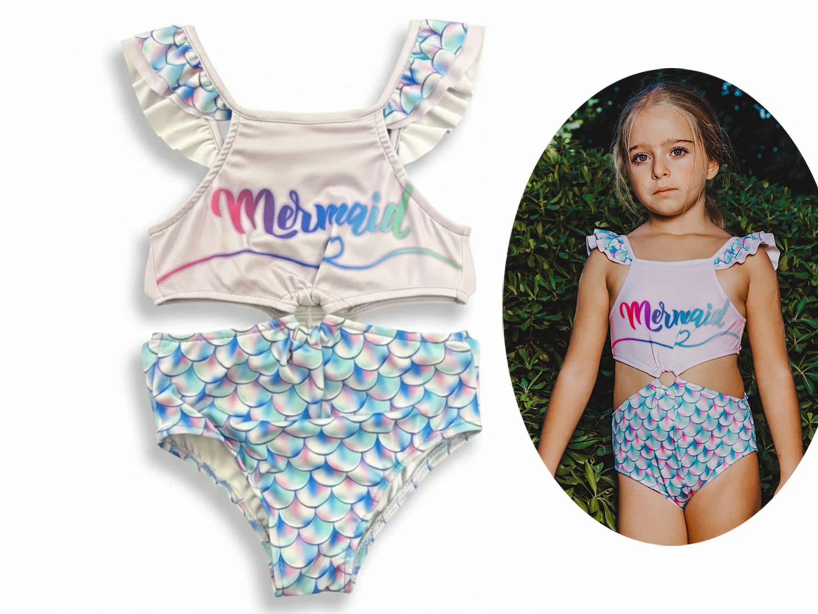 Mermaid Baskılı Halkalı Kız Mayo
