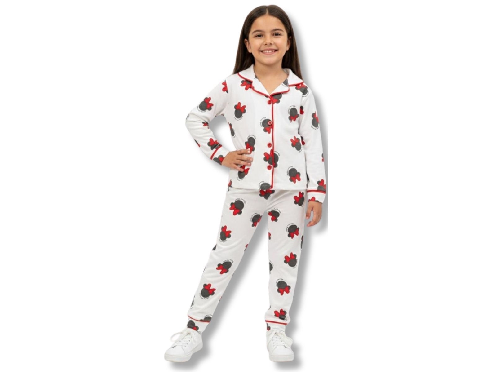 Minnie Desenli Yakalı Düğmeli Kız Pijama Takım