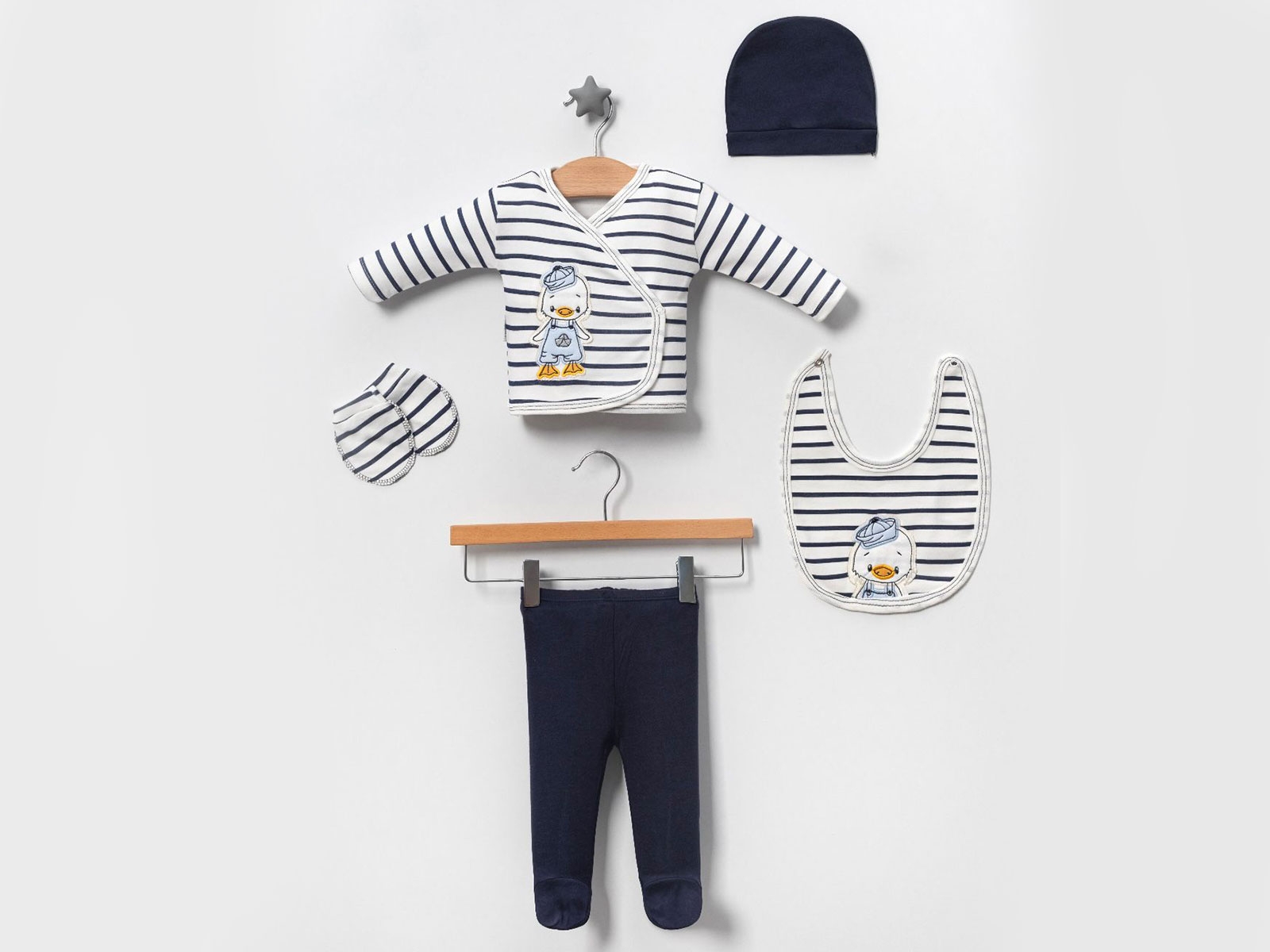 Toptan BABY ZUHU Ördek Nakışlı 5li Erkek Hastane Çıkışı Zıbın Set Toptan Bebek Çocuk Giyim - Beniz Kids