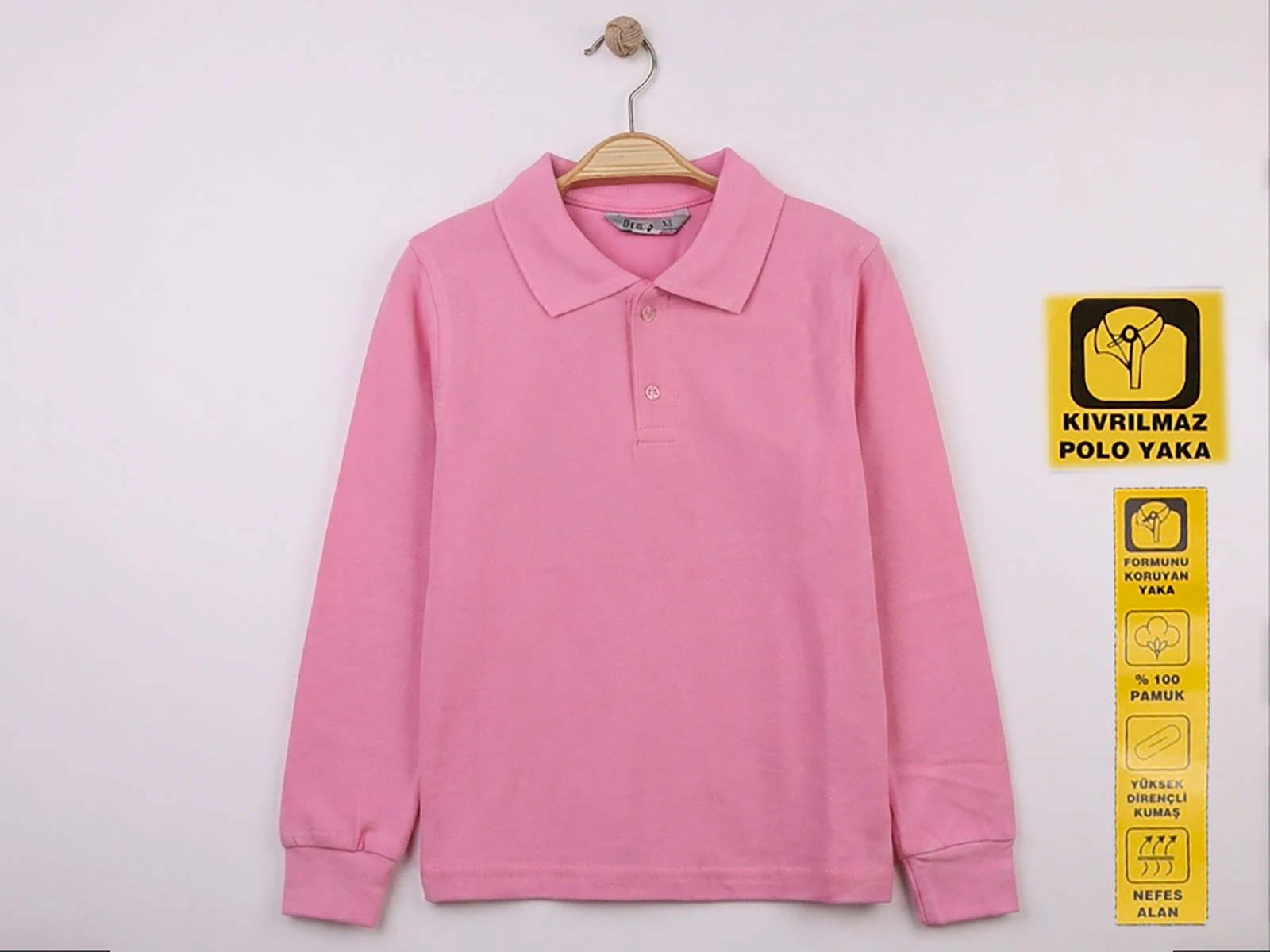 Ortaokul Boy Pembe Renk Kıvrılmaz Polo Yaka Okul Lakos Sweat