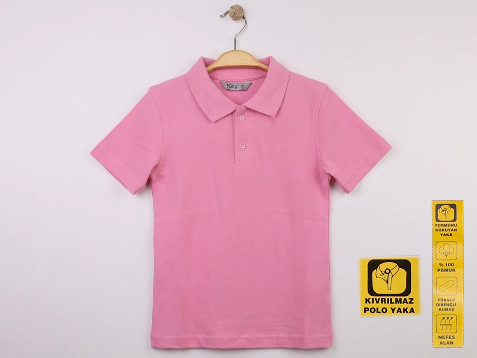 Ortaokul Boy Pembe Renk Kıvrılmaz Yaka Okul Polo Yaka Lakos Tişört