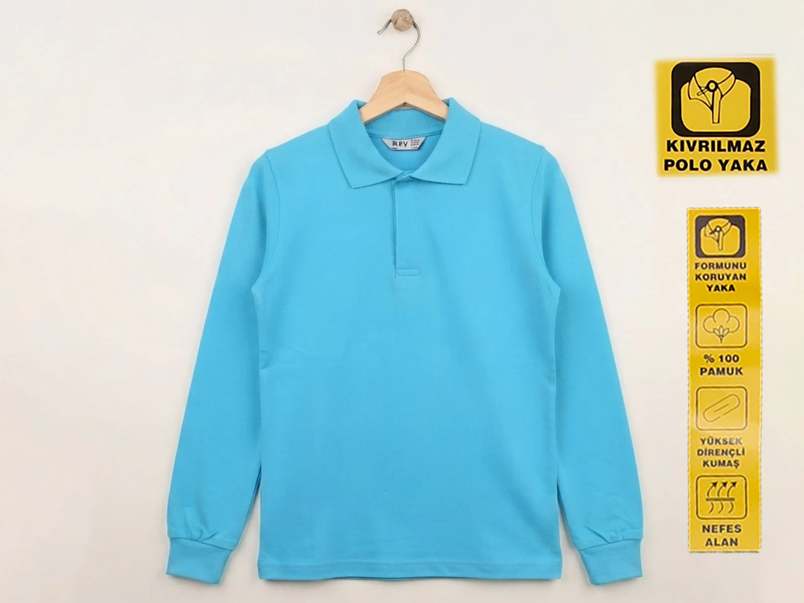 Ortaokul Boy Turkuaz Renk Kıvrılmaz Polo Yaka Okul Lakos Sweat