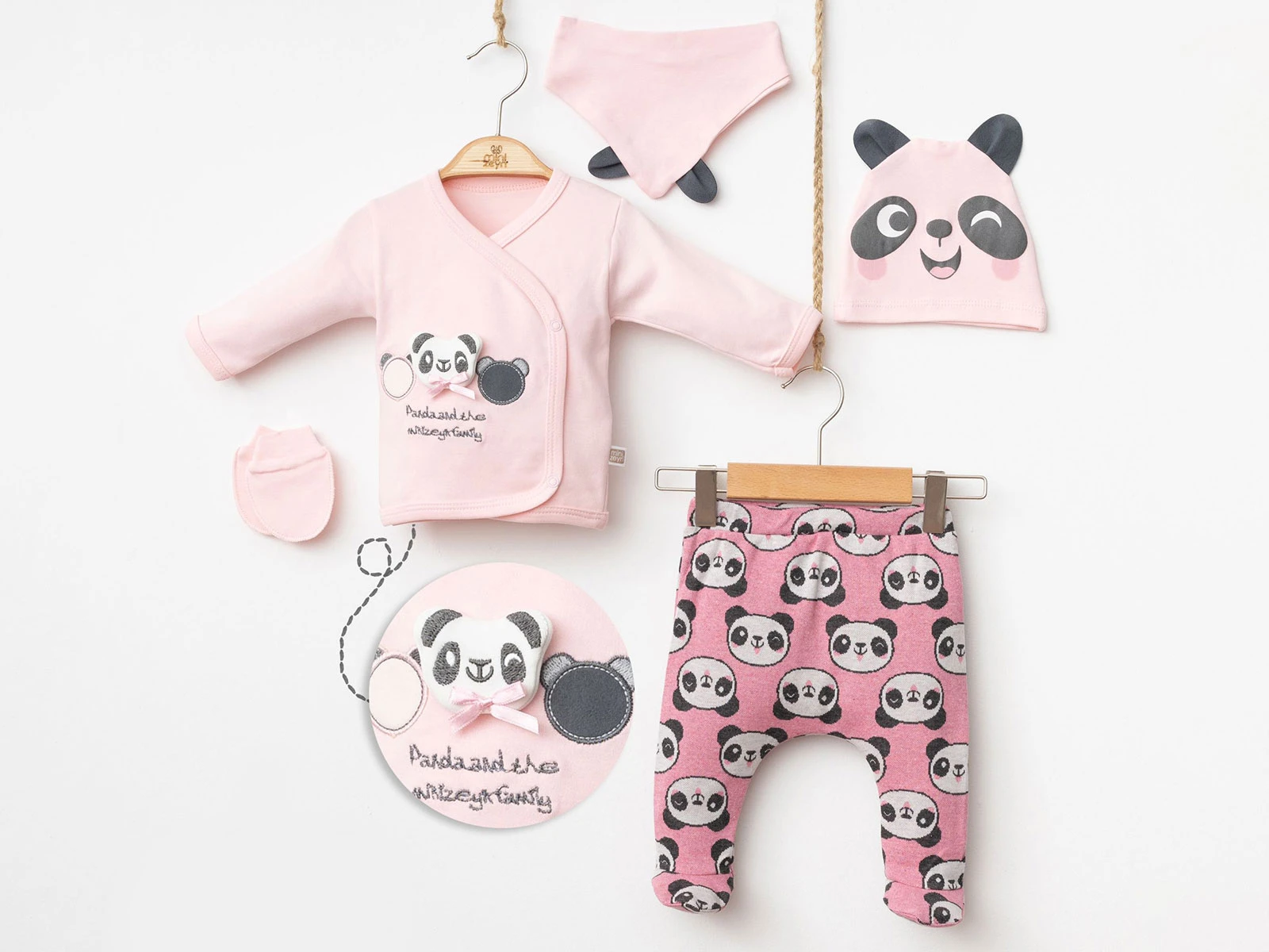 Toptan MİNİZEYN Panda Baskılı 5li Yenidoğan Zıbın Set Toptan Bebek Çocuk Giyim - Beniz Kids