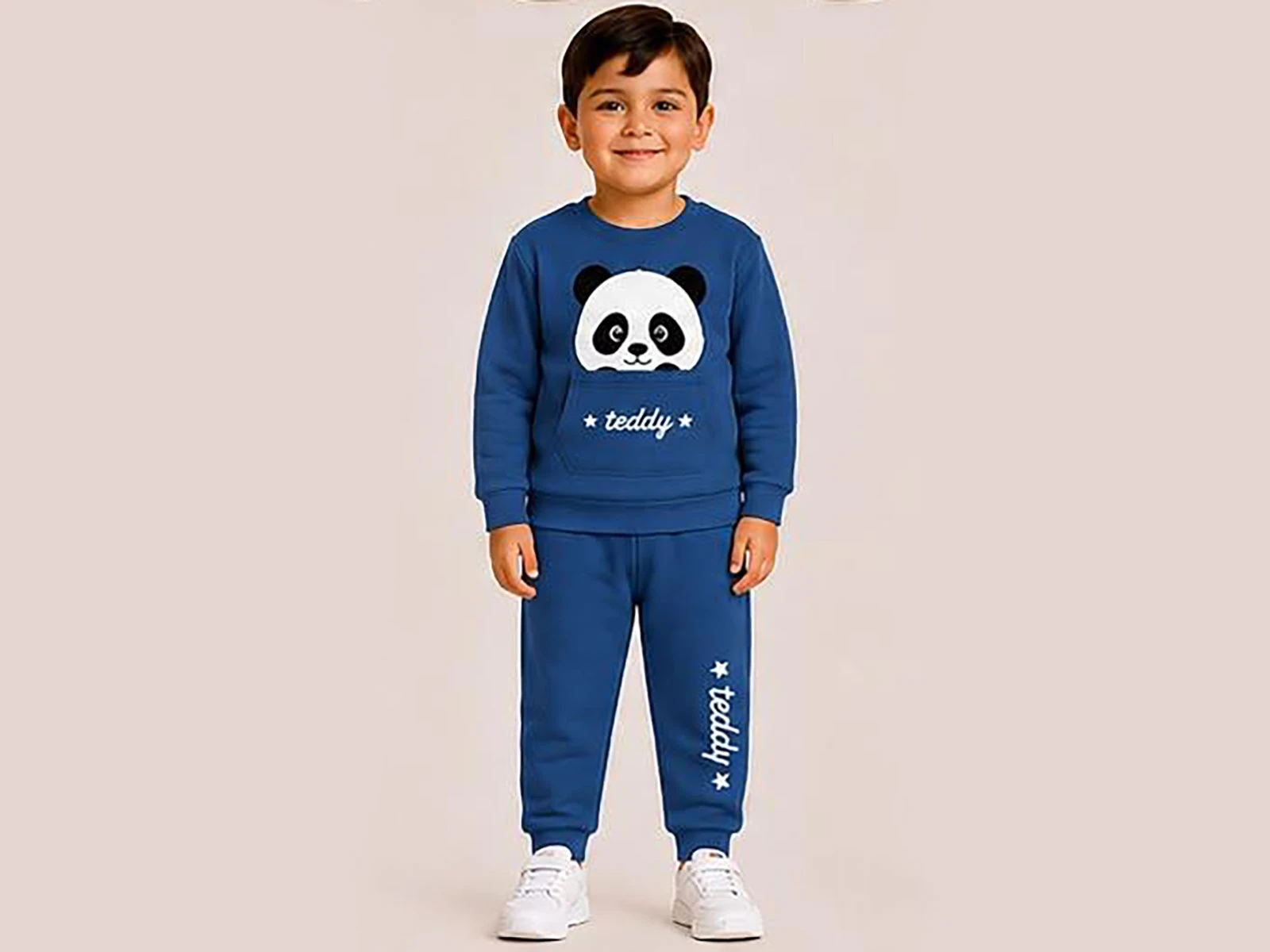 Toptan BİTTOŞ KİDS Panda Baskılı Kanguru Cepli 3 İp Şardonlu Erkek Takım Toptan Bebek Çocuk Giyim - Beniz Kids