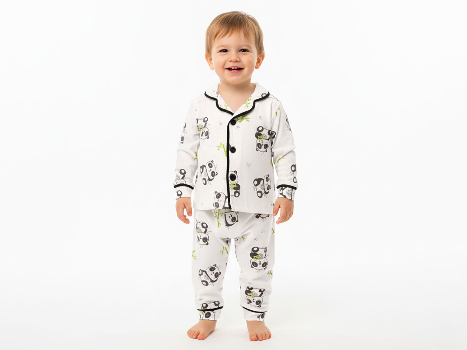 Panda Desenli Yakalı Erkek Bebe Pijama Takım