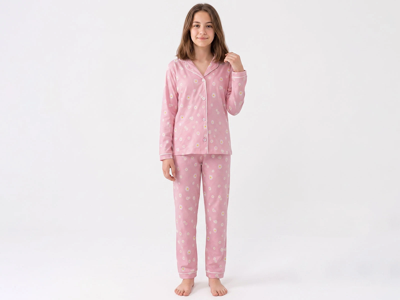 Toptan DOLAŞ Papatya Baskılı Kız Pijama Takım  Toptan Bebek Çocuk Giyim - Beniz Kids