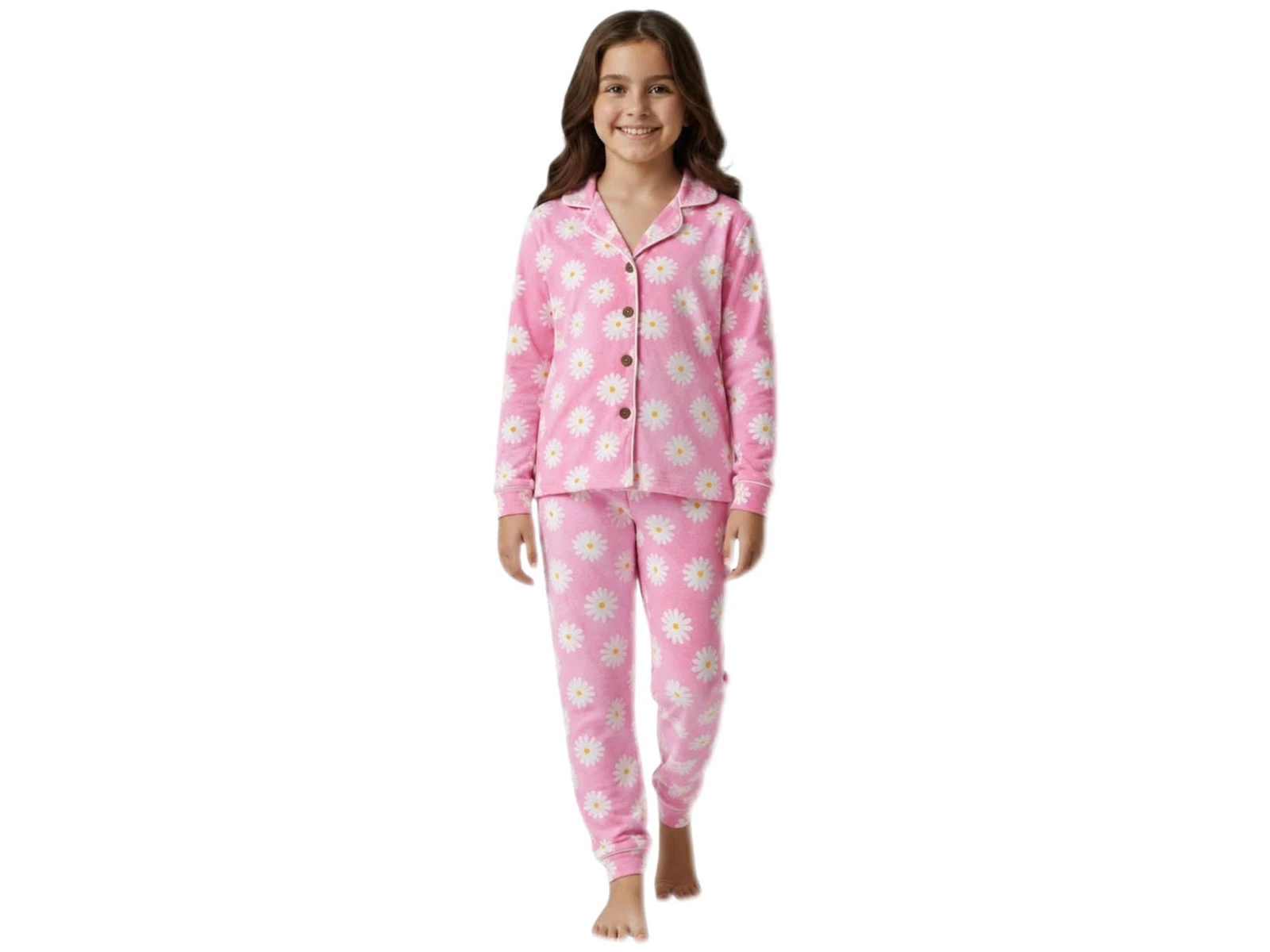 Toptan SÜPERMİNİ  Papatya Desenli Kız Pijama Takım  Toptan Bebek Çocuk Giyim - Beniz Kids