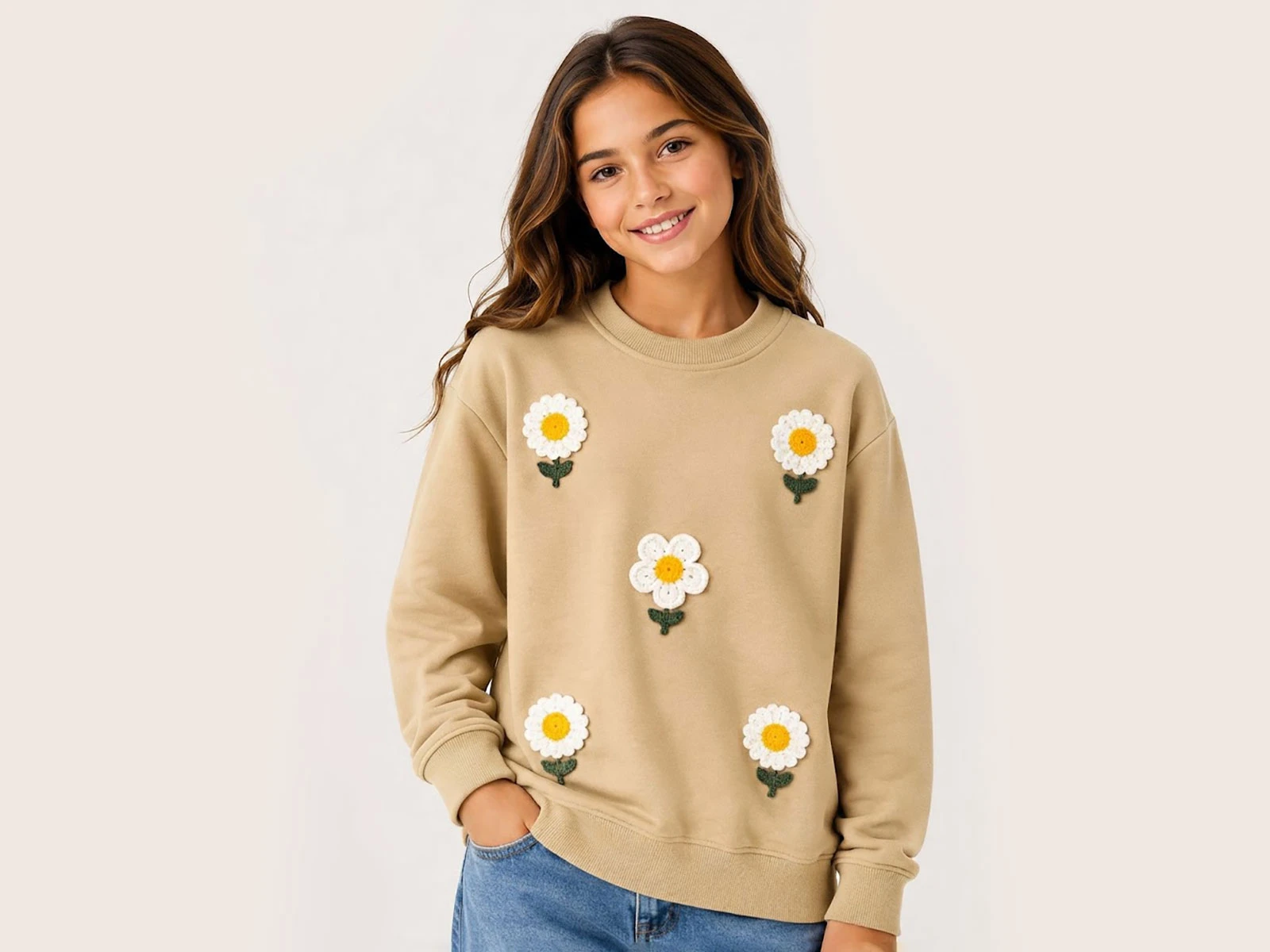 Toptan İ-CAN Papatya Nakışlı Kız Sweat  Toptan Bebek Çocuk Giyim - Beniz Kids