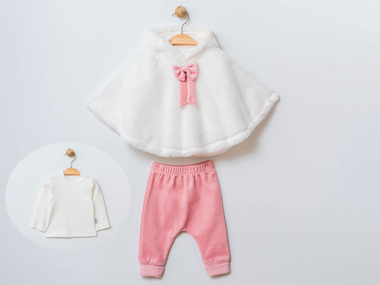Toptan ELCİ BABY Peluş Bolerolu Üçlü Kız Bebe Takım Toptan Bebek Çocuk Giyim - Beniz Kids