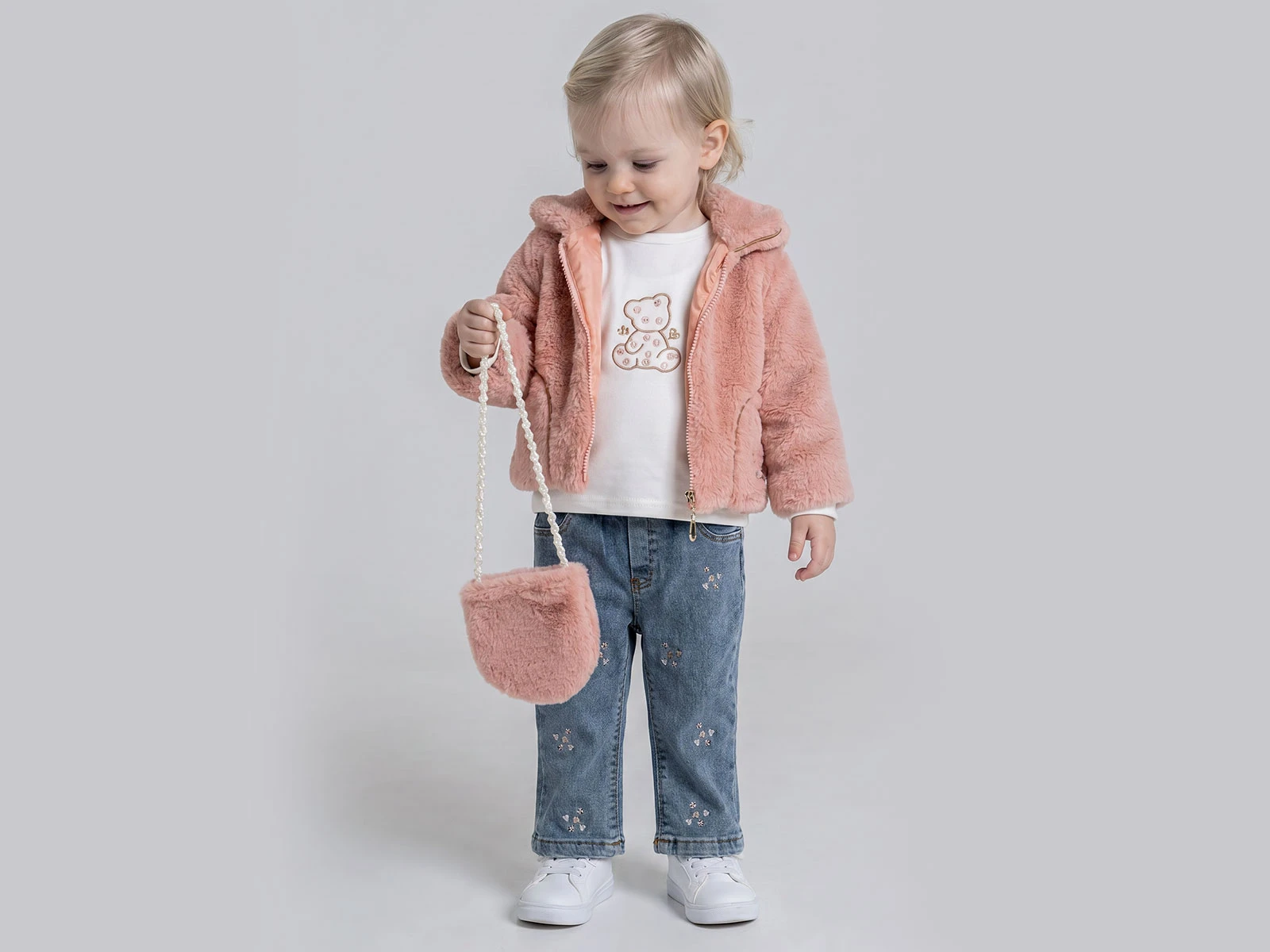 Toptan PAMPAL KİDS Peluş Ceketli Çantalı Üçlü Kız Takım Toptan Bebek Çocuk Giyim - Beniz Kids