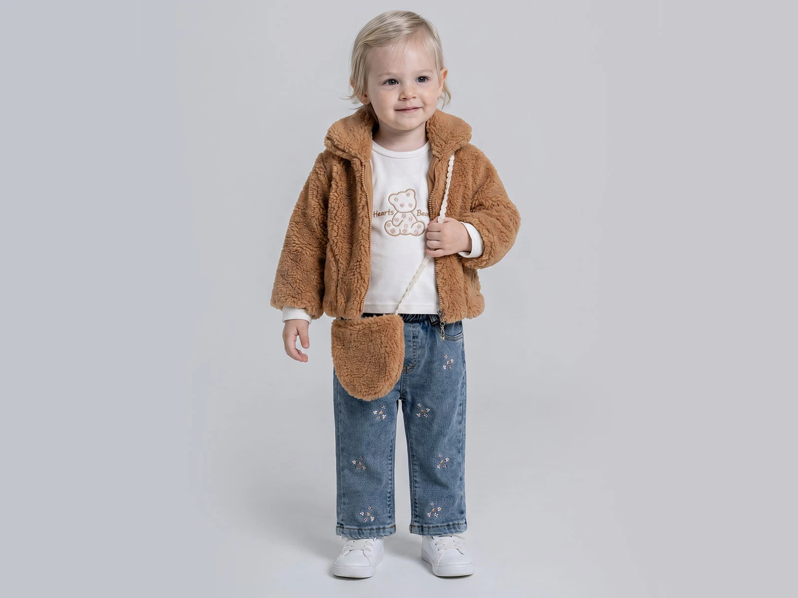 Toptan PAMPAL KİDS Peluş Ceketli Çantalı Üçlü Kız Takım Toptan Bebek Çocuk Giyim - Beniz Kids
