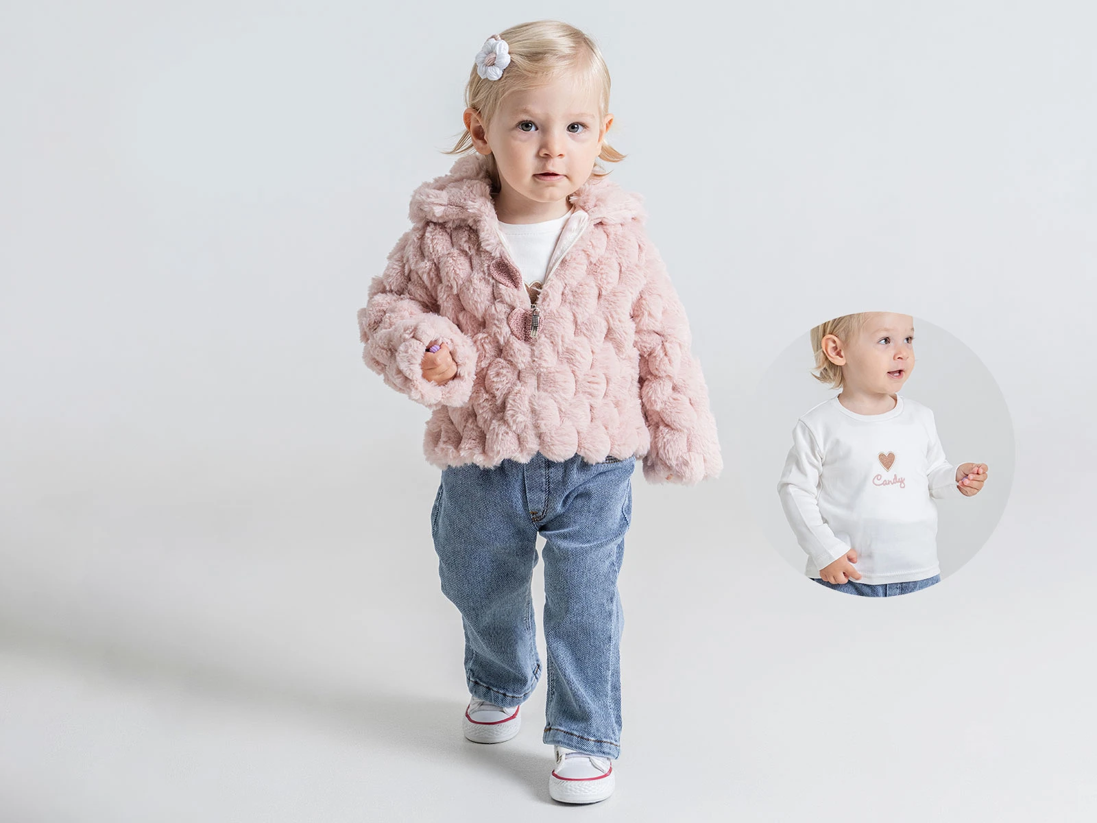 Toptan PAMPAL KİDS Peluş Ceketli Üçlü Kız Takım Toptan Bebek Çocuk Giyim - Beniz Kids