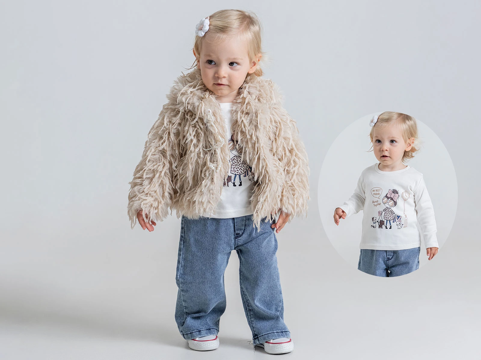 Toptan PAMPAL KİDS Peluş Tüylü Ceketli Üçlü Kız Takım Toptan Bebek Çocuk Giyim - Beniz Kids