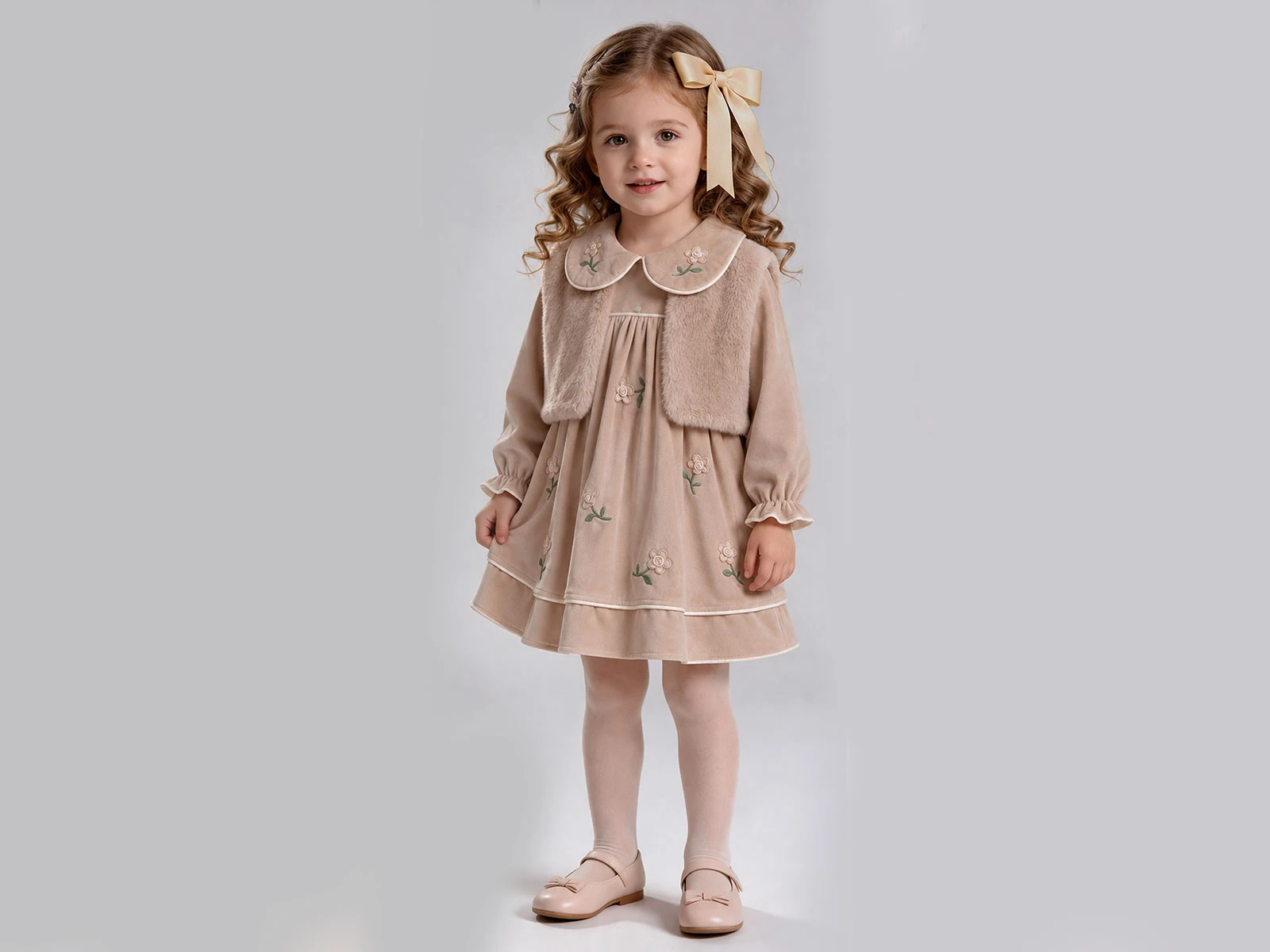 Toptan AYD KİDS Peluş Yelekli Çiçek Nakışlı Kadife Elbise Toptan Bebek Çocuk Giyim - Beniz Kids