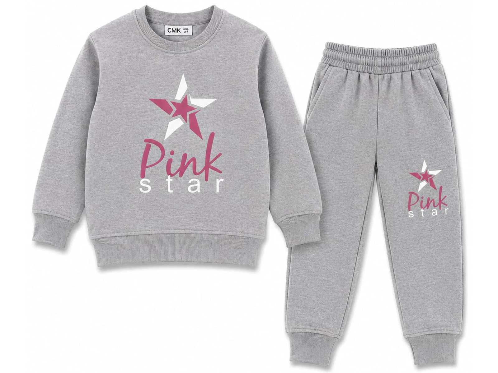 Toptan CMK Pink Star Baskılı 3 İp Şardonlu Kız Takım  Toptan Bebek Çocuk Giyim - Beniz Kids