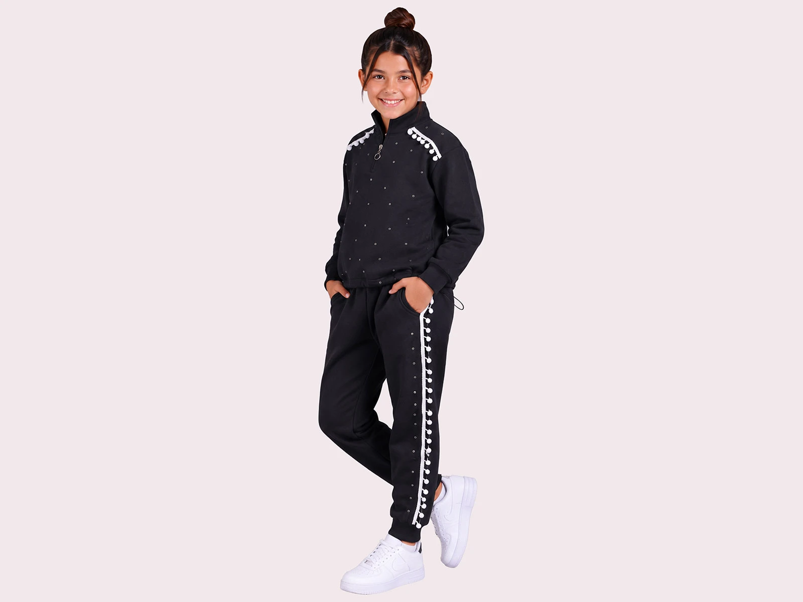 Toptan ROYA KİDS Ponpon Detaylı Fermuarlı Yakalı 3 İp Şardonlu Kız Takım  Toptan Bebek Çocuk Giyim - Beniz Kids