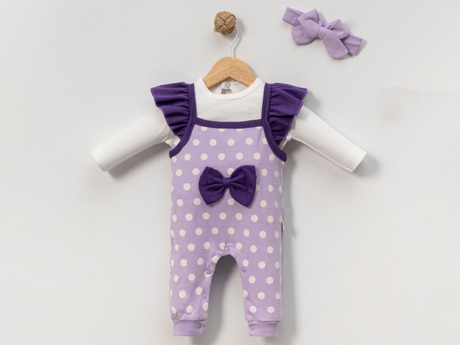 Puan Desenli Fiyonk Detaylı Kız Bebe Tulum Set