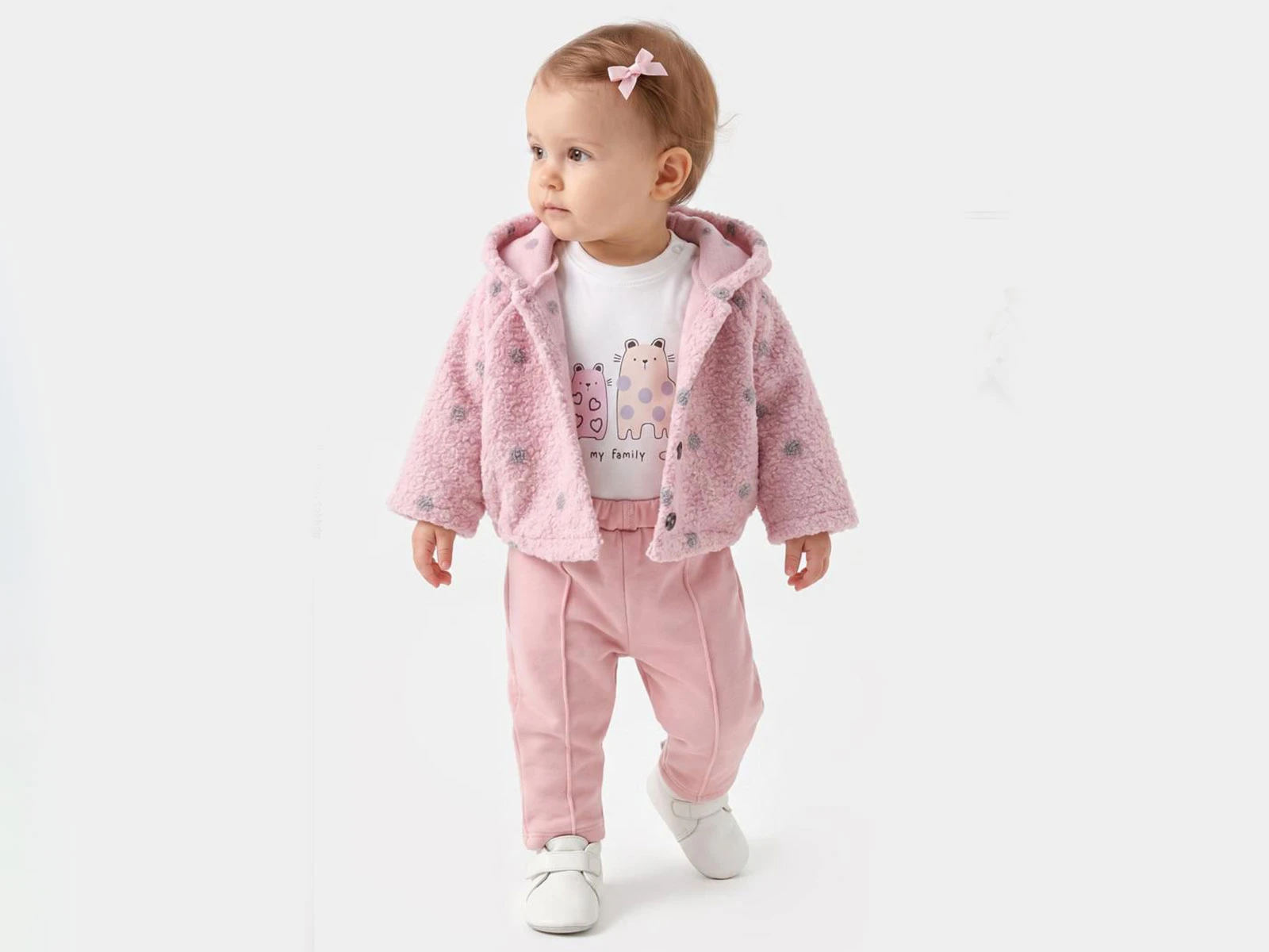 Toptan MİNİ BARAY Puan Desenli Peluş Ceketli Üçlü Kız Takım Toptan Bebek Çocuk Giyim - Beniz Kids