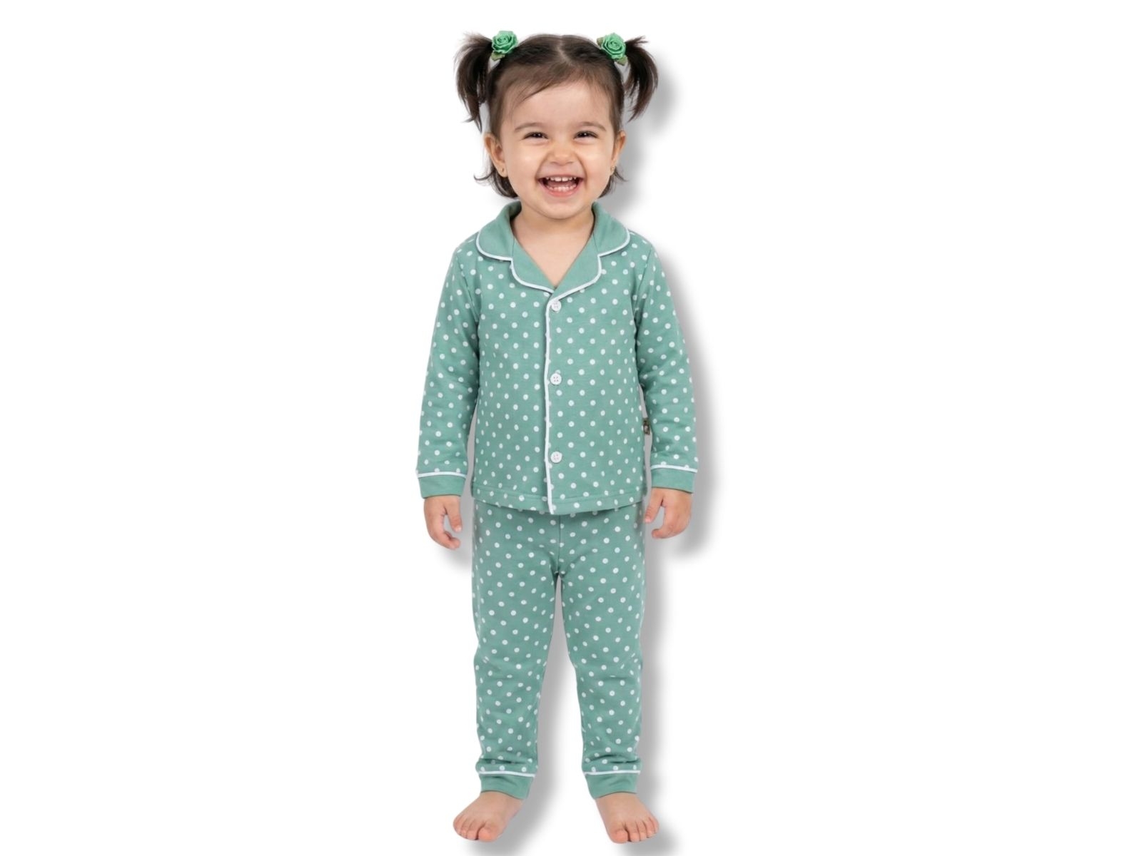 Puan Desenli Yakalı Düğmeli Kız Bebe Pijama Takım