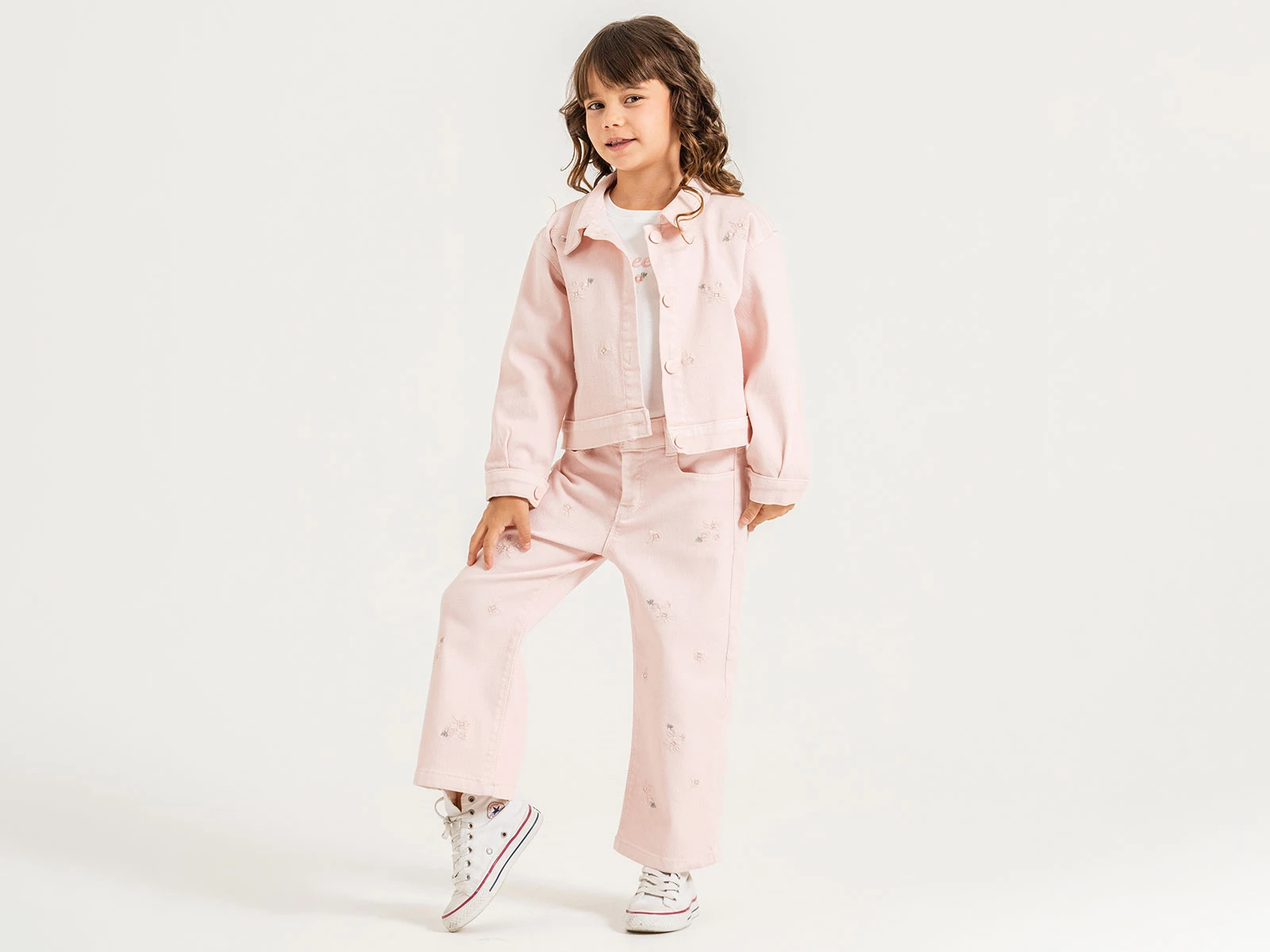 Toptan PAMPAL KİDS Queen Nakışlı Düğmeli Kot  Ceketli Kız Üçlü Takım  Toptan Bebek Çocuk Giyim - Beniz Kids