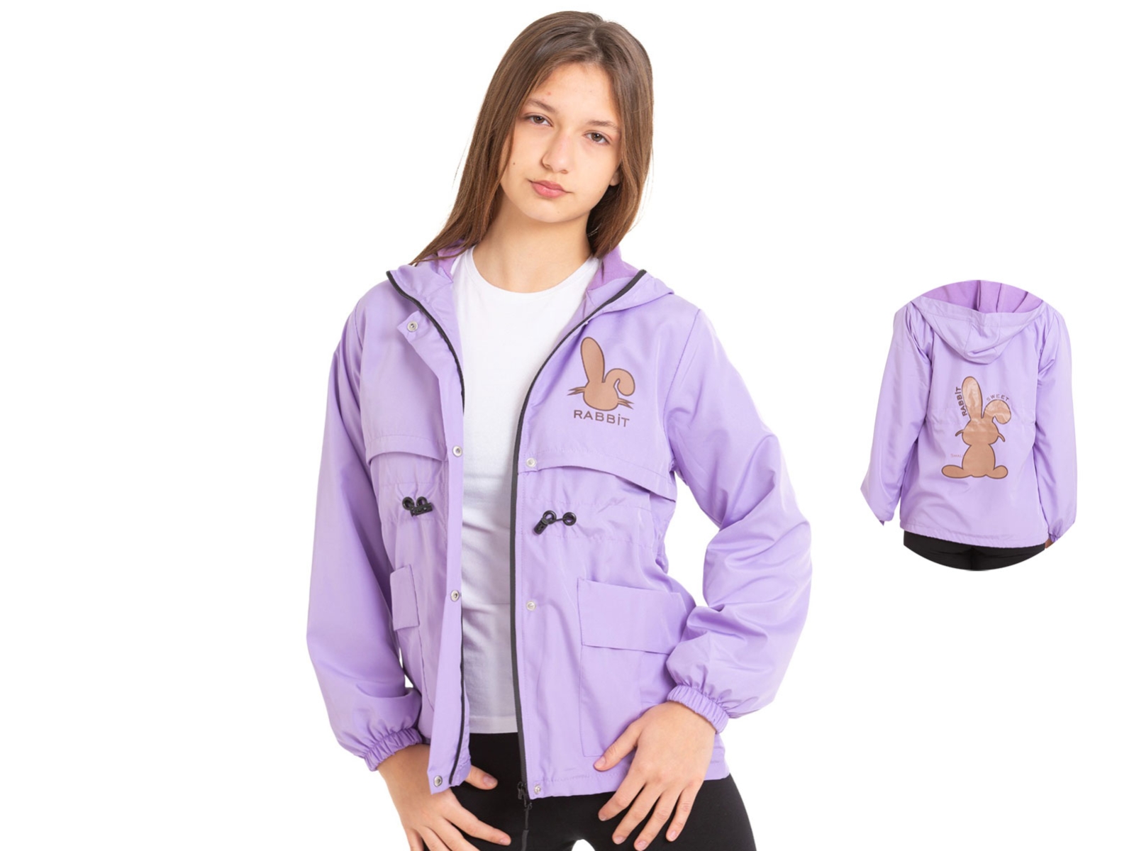Toptan ASYA Rabbit Baskılı Kapşonlu Kız Yağmurluk Toptan Bebek Çocuk Giyim - Beniz Kids