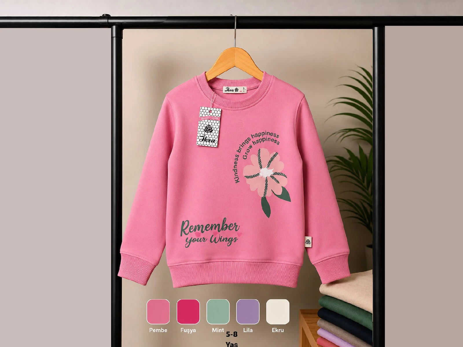 Toptan SFK TEKSTİL (İKRA) Remember Baskılı 2 İp Şardonsuz Kız Sweat  Toptan Bebek Çocuk Giyim - Beniz Kids