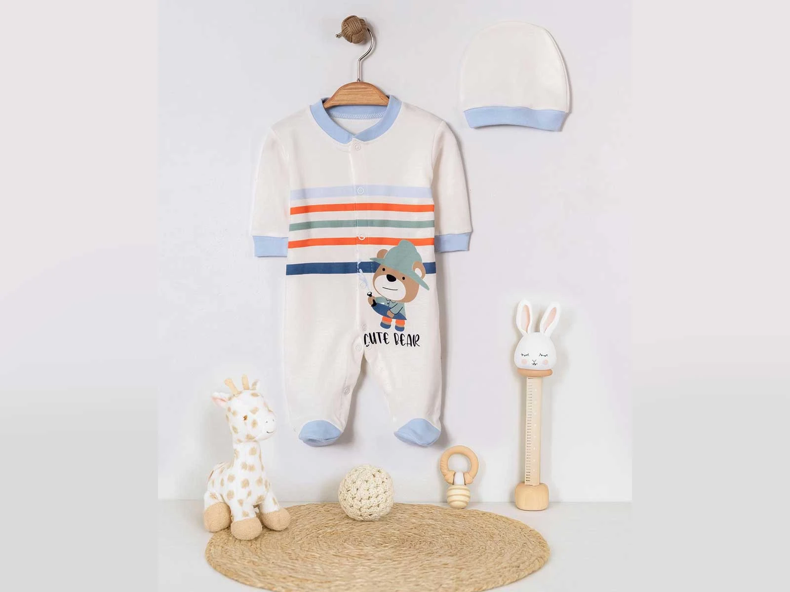 Şapkalı Ayıcık Baskılı Erkek Bebe Tulum 